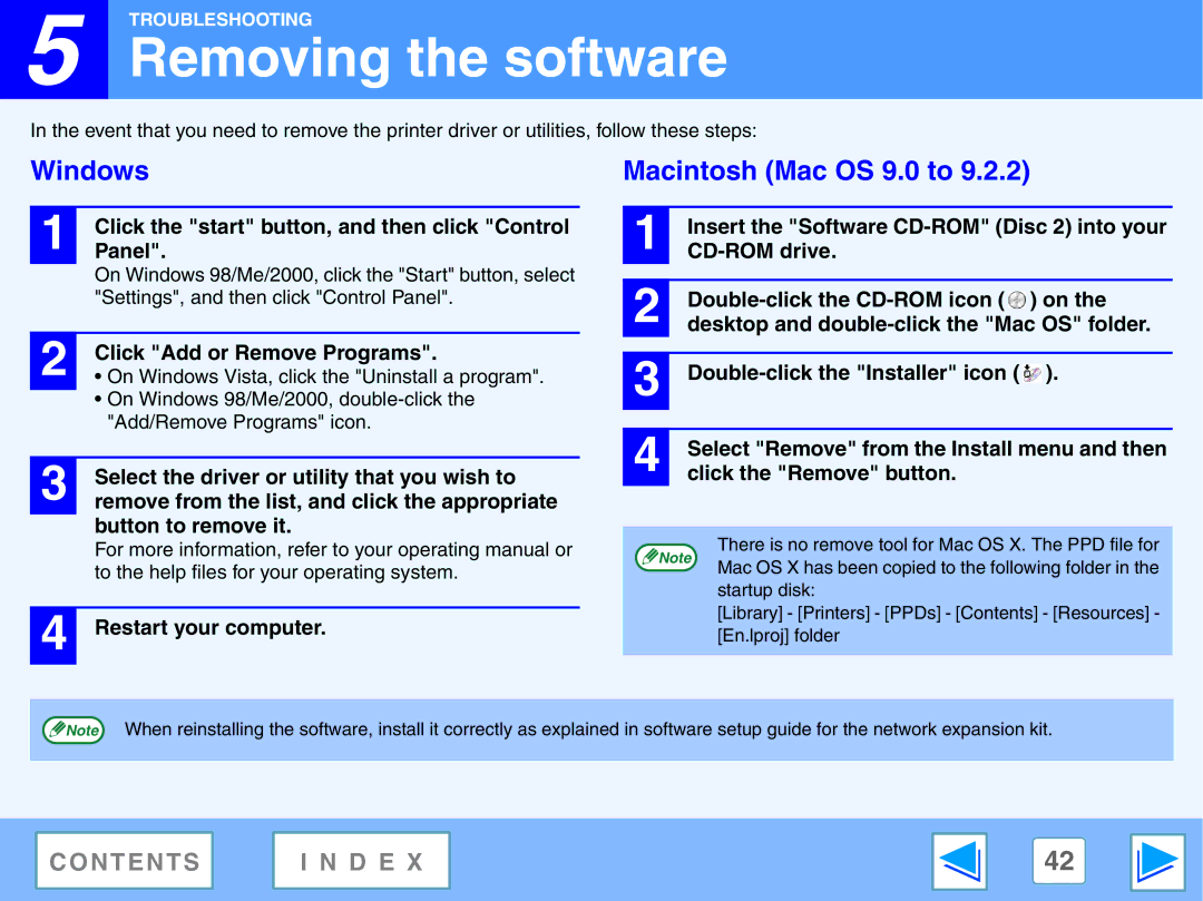 Sony AR-208S operation manual Removing the software, Windows, Macintosh Mac OS 9.0 to 