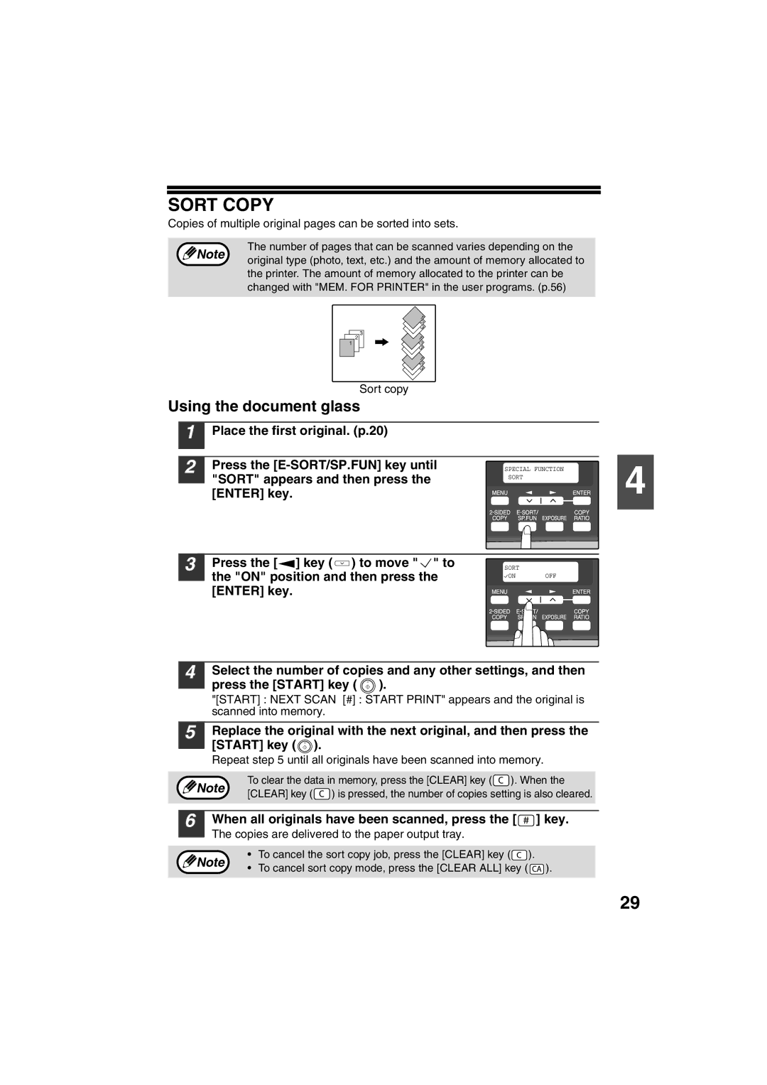 Sony AR-208S operation manual Sort Copy, Sort appears and then press, When all originals have been scanned, press the key 