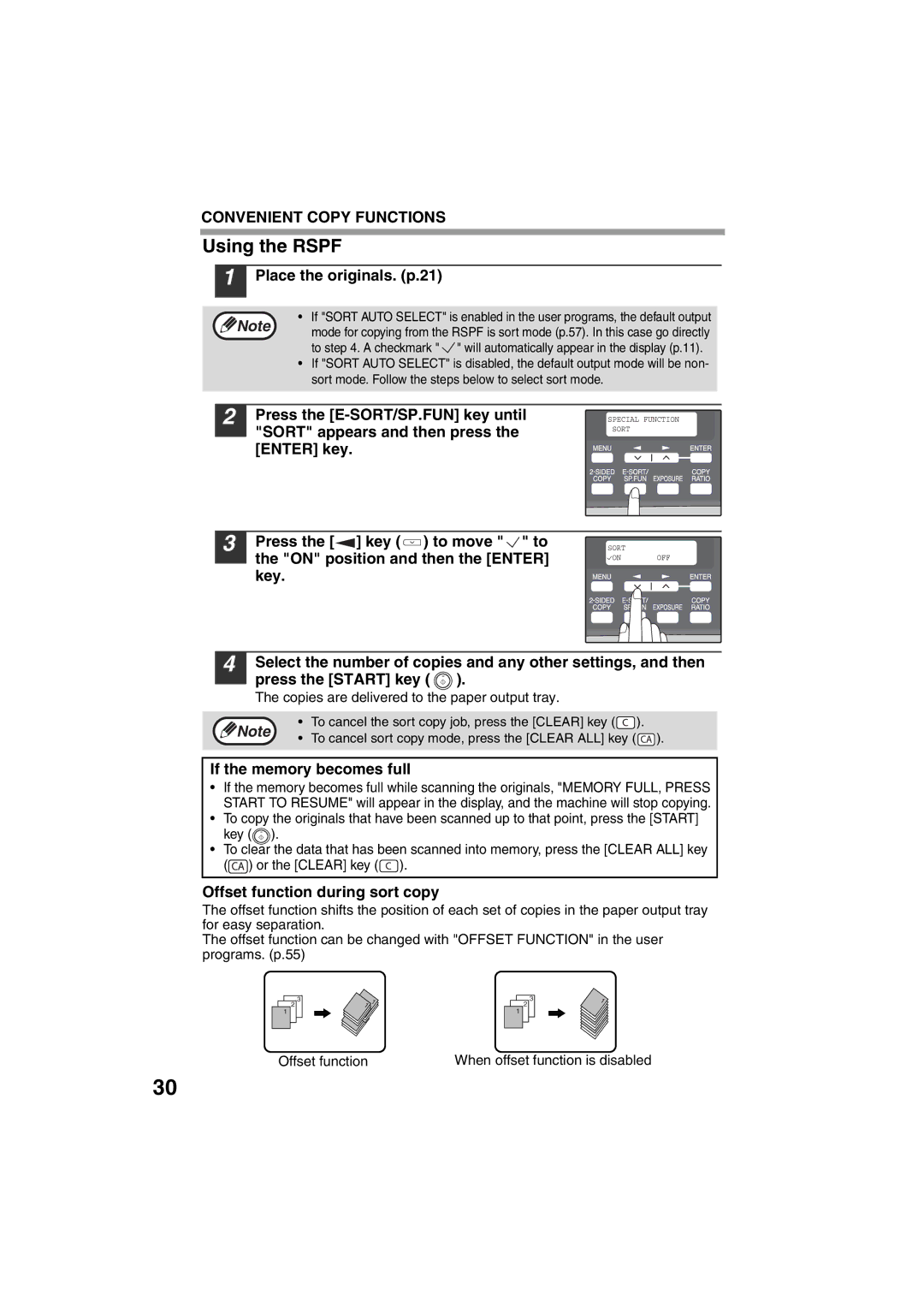 Sony AR-208S operation manual Place the originals. p.21, If the memory becomes full, Offset function during sort copy 