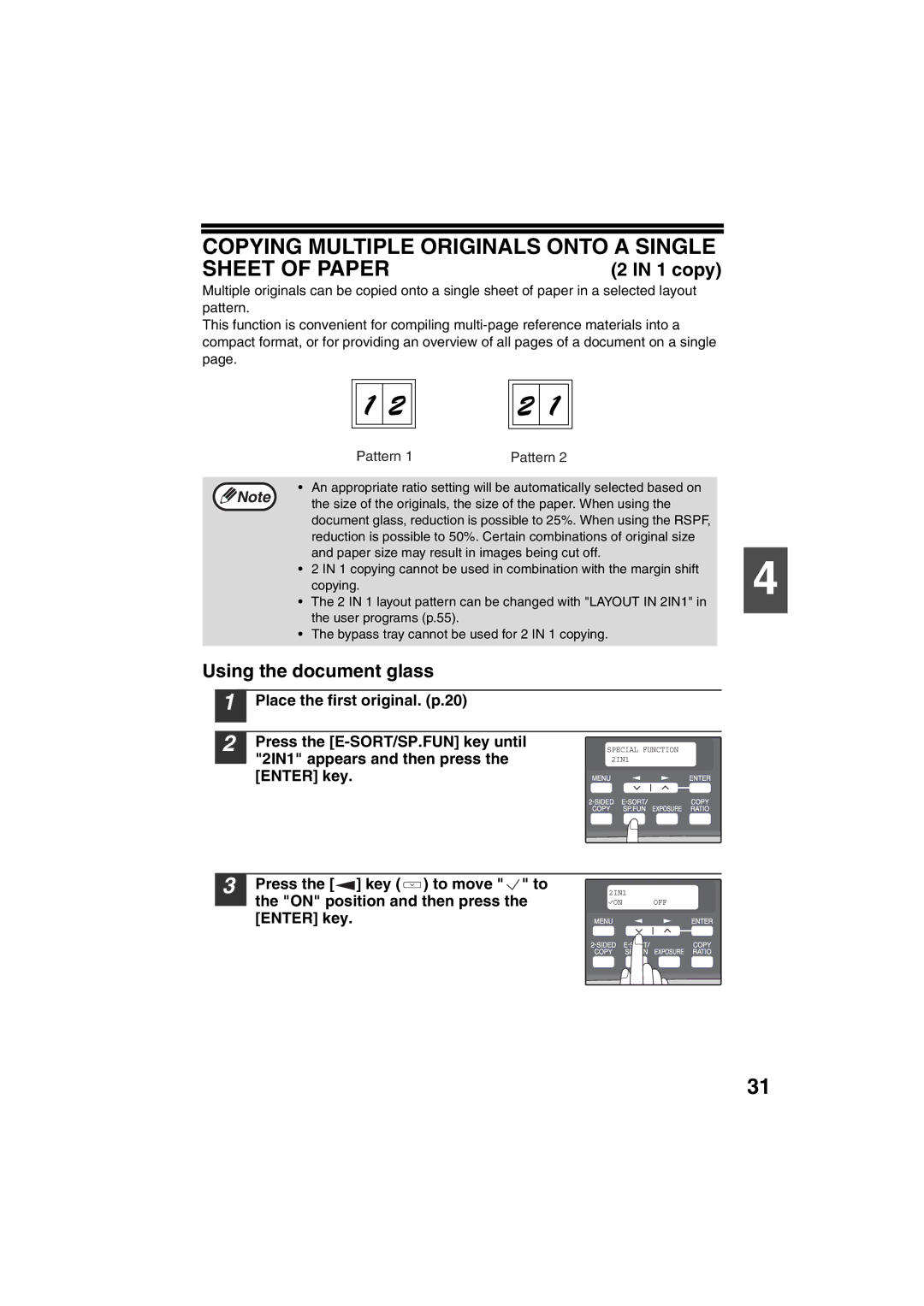 Sony AR-208S operation manual Copying Multiple Originals Onto a Single Sheet of Paper, copy, 2IN1 appears and then press 