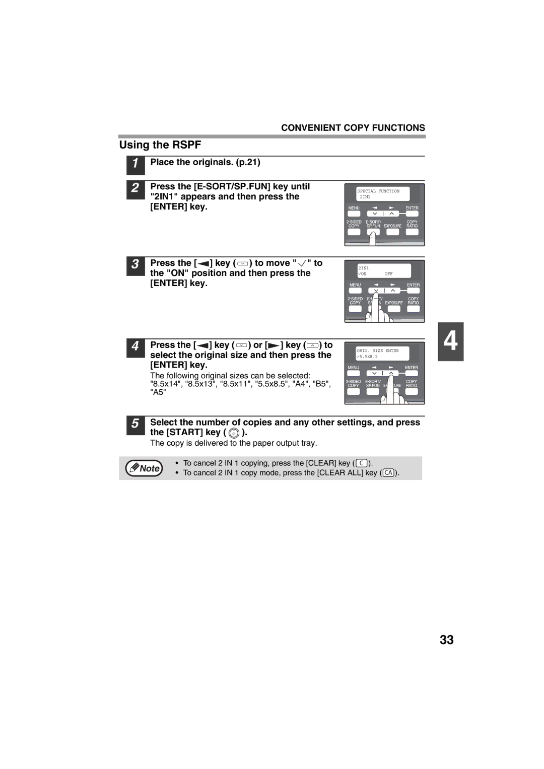 Sony AR-208S Place the originals. p.21 Press the E-SORT/SP.FUN key until, Copy is delivered to the paper output tray 