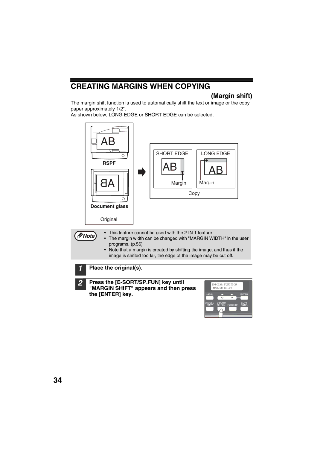 Sony AR-208S Creating Margins When Copying, Margin shift, Place the originals Press the E-SORT/SP.FUN key until, Enter key 