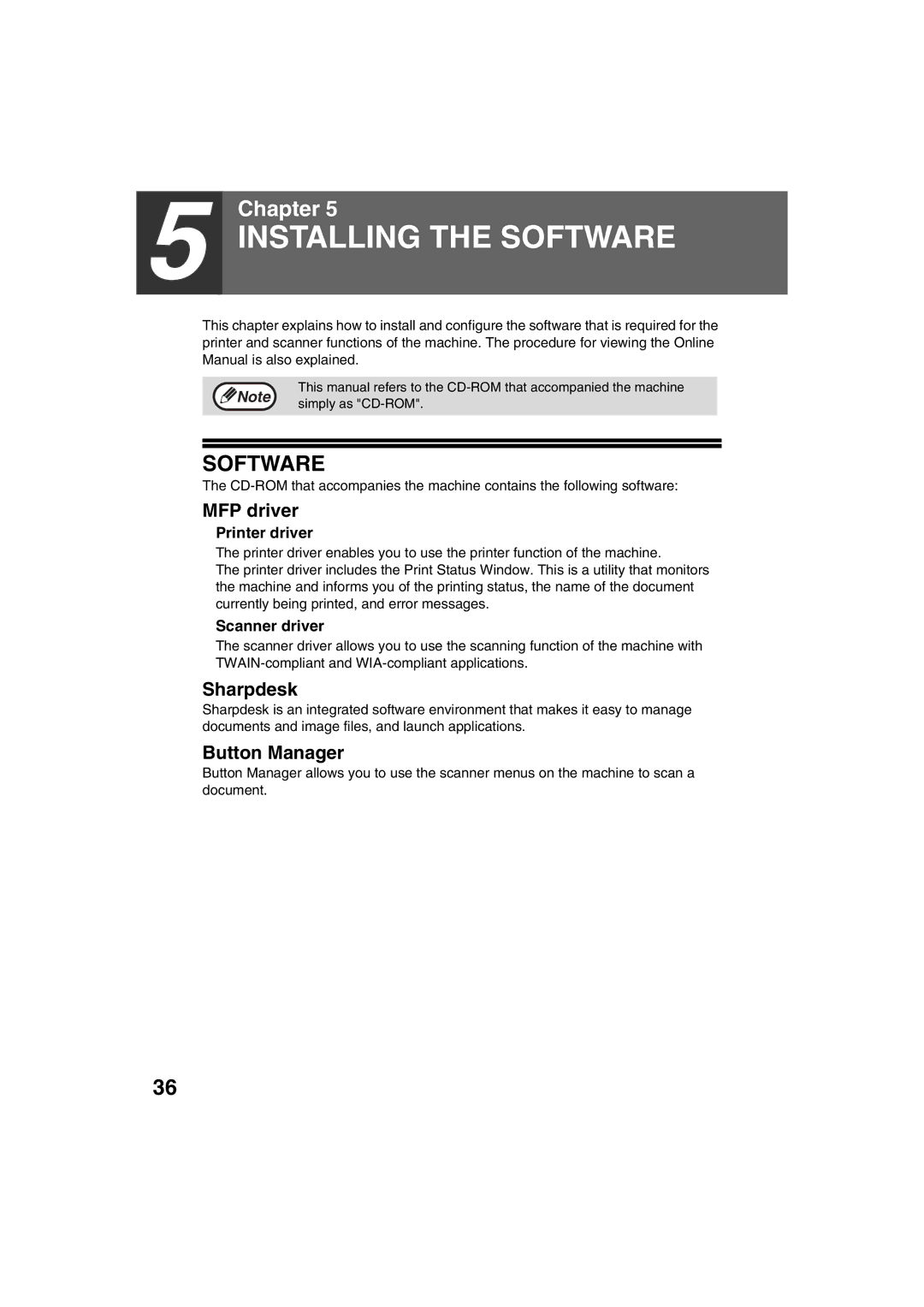 Sony AR-208S operation manual Software, MFP driver, Sharpdesk, Button Manager 