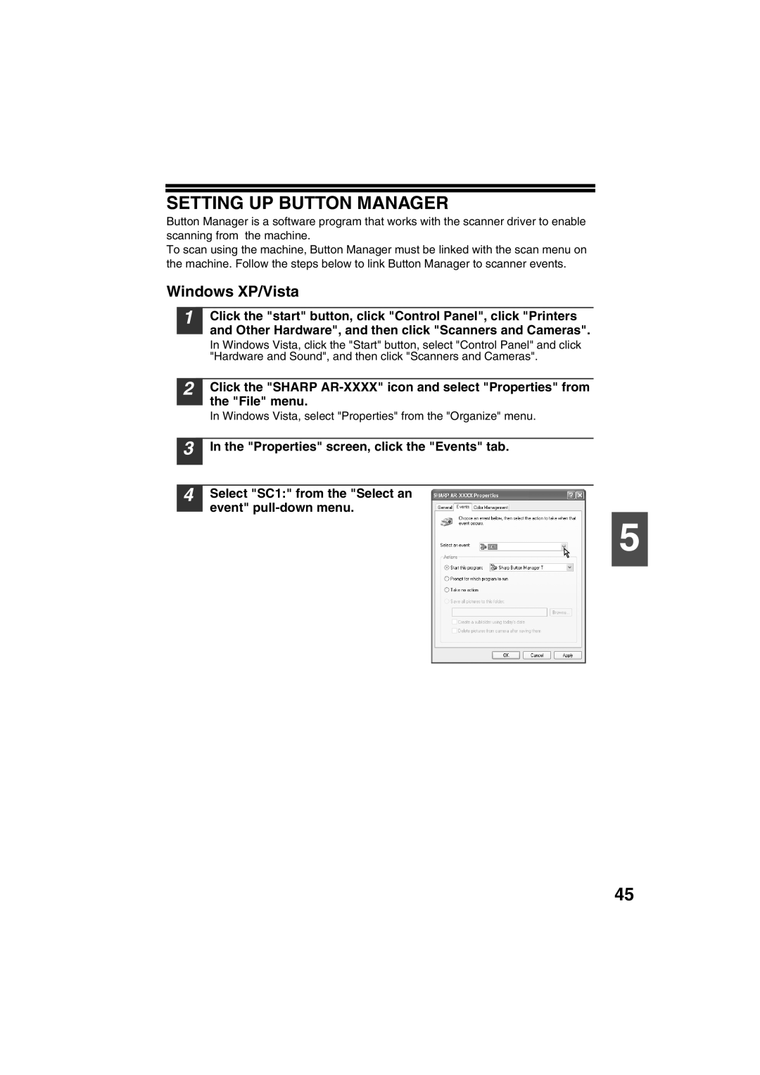 Sony AR-208S Setting UP Button Manager, Windows XP/Vista, Windows Vista, select Properties from the Organize menu 