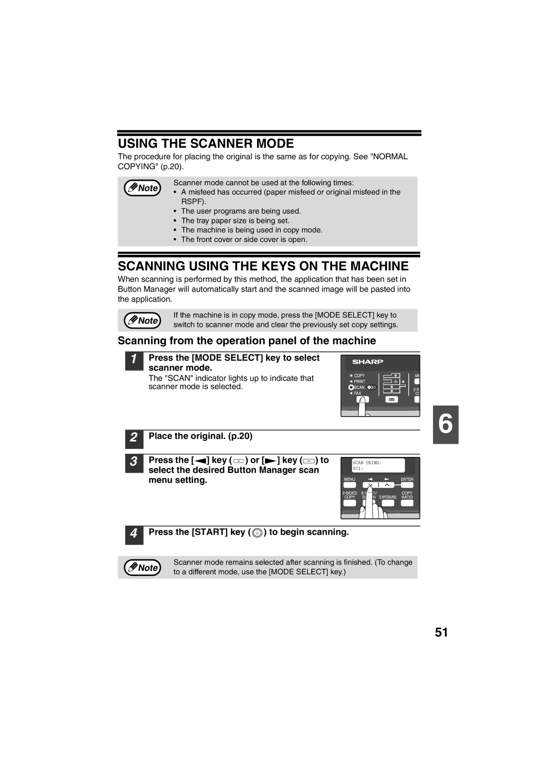 Sony AR-208S operation manual Using the Scanner Mode, Scanning Using the Keys on the Machine 