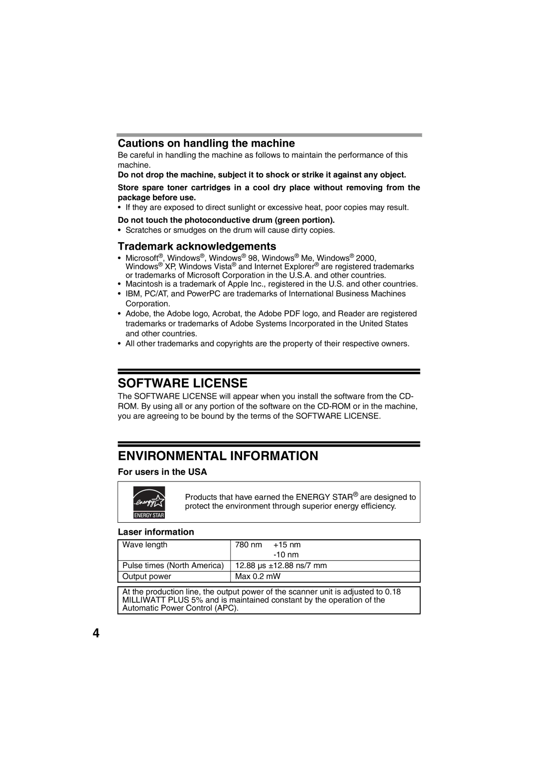 Sony AR-208S operation manual Software License, Environmental Information, Trademark acknowledgements, For users in the USA 