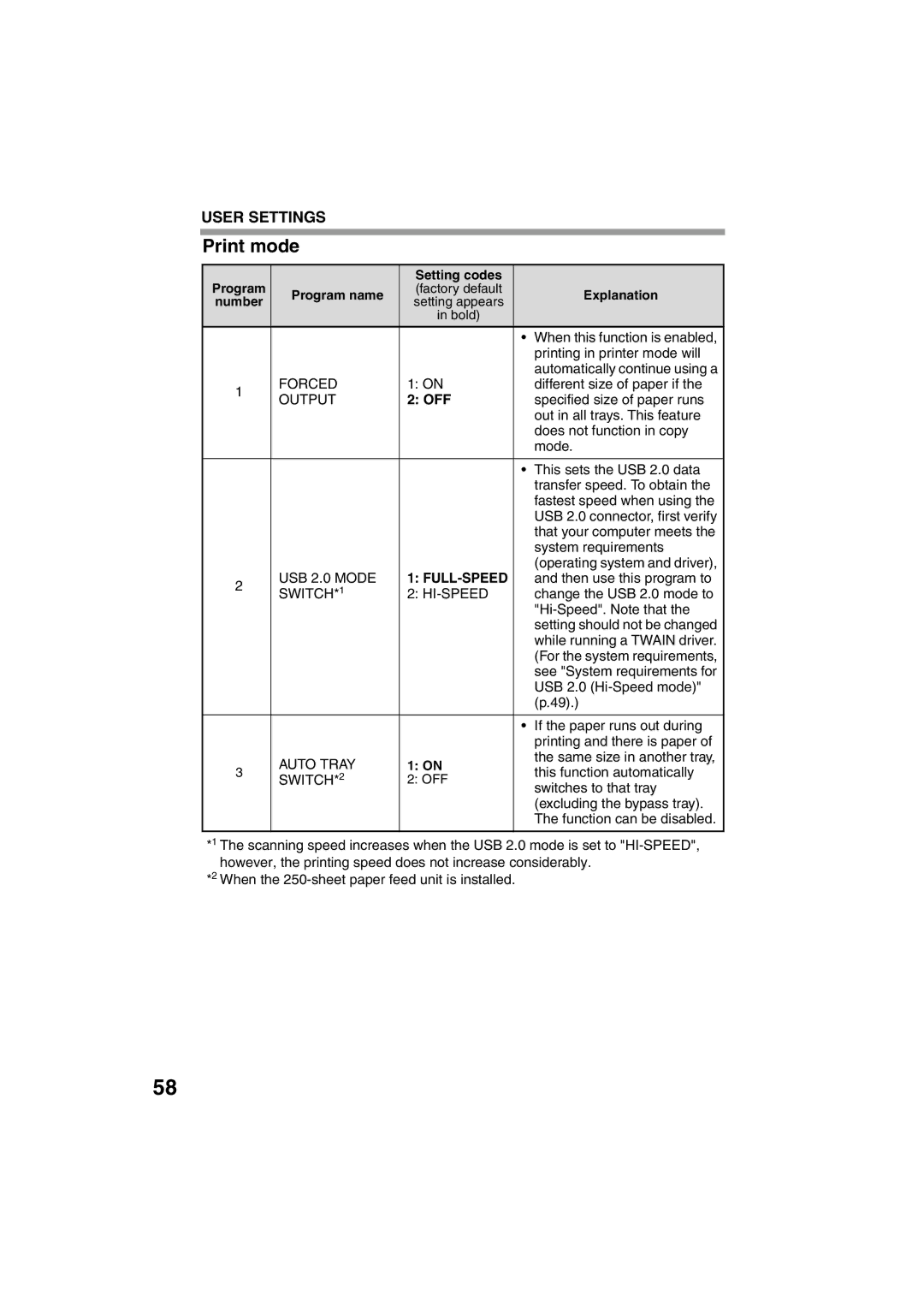 Sony AR-208S operation manual Print mode, Off 