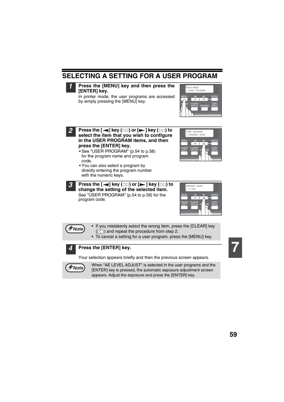 Sony AR-208S operation manual Selecting a Setting for a User Program, Press the Menu key and then press the Enter key 