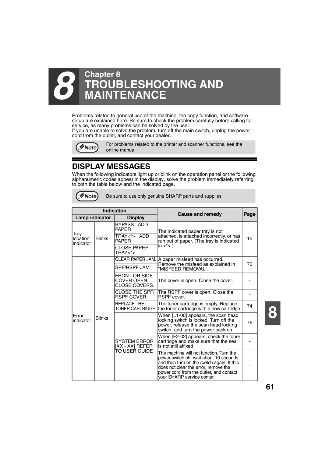 Sony AR-208S operation manual Display Messages, Indication Cause and remedy Lamp indicator Display 