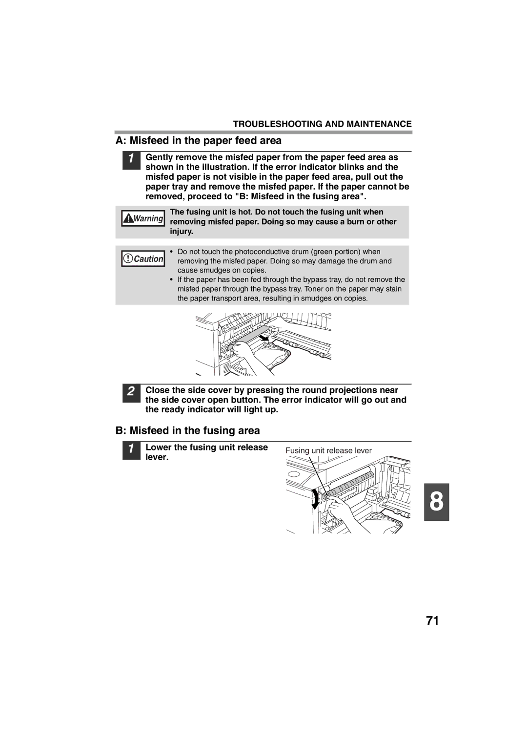 Sony AR-208S operation manual Misfeed in the paper feed area, Misfeed in the fusing area 