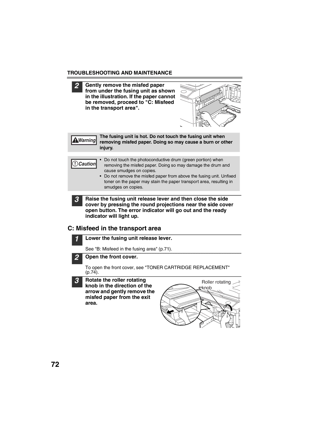 Sony AR-208S operation manual Misfeed in the transport area, Lower the fusing unit release lever, Open the front cover 