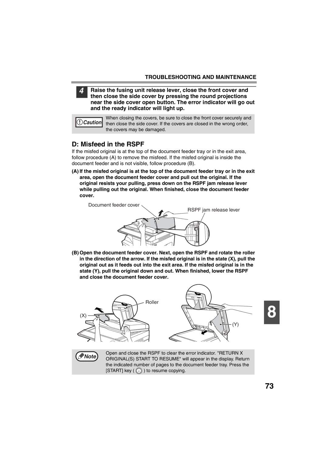 Sony AR-208S operation manual Misfeed in the Rspf, Document feeder cover Rspf jam release lever 