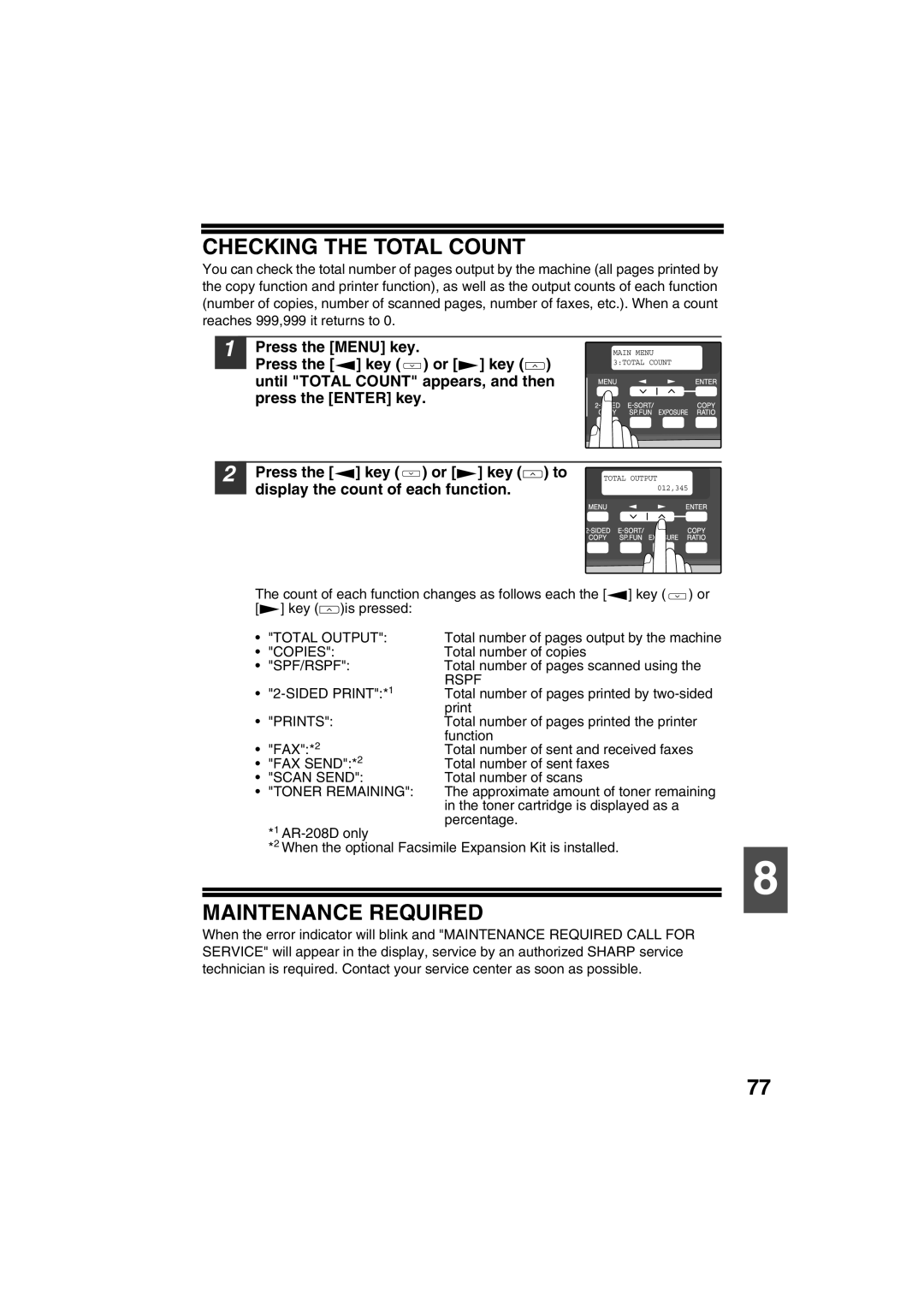 Sony AR-208S Checking the Total Count, Maintenance Required, Press the key or key to display the count of each function 