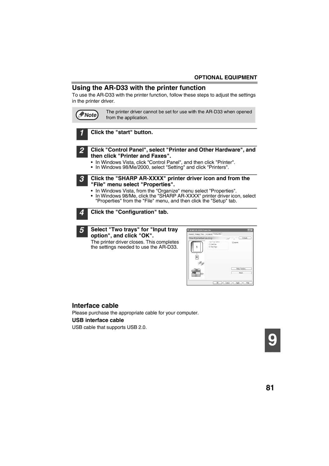 Sony AR-208S Using the AR-D33 with the printer function, Interface cable, USB interface cable, USB cable that supports USB 