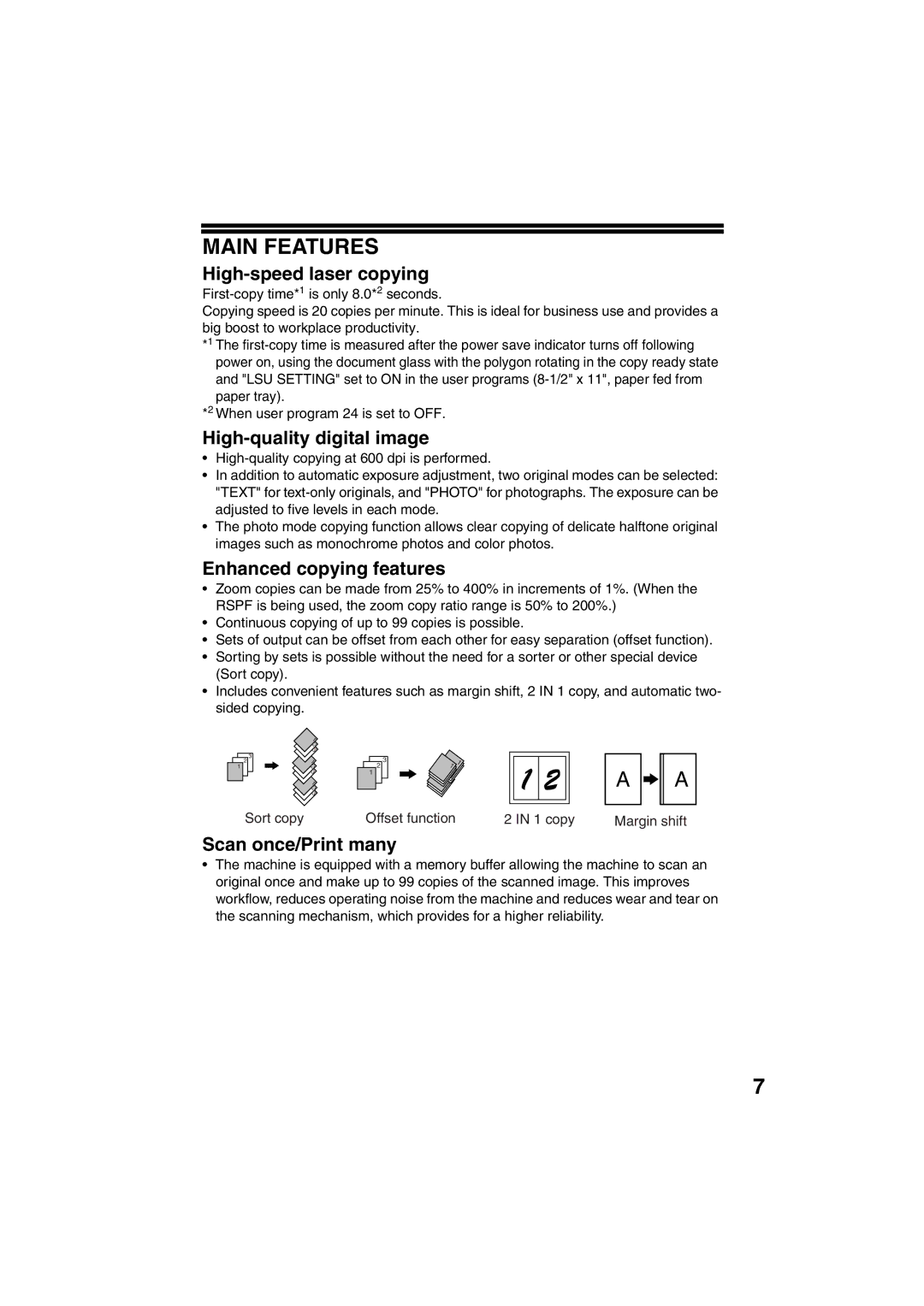 Sony AR-208S Main Features, High-speed laser copying, High-quality digital image, Enhanced copying features 