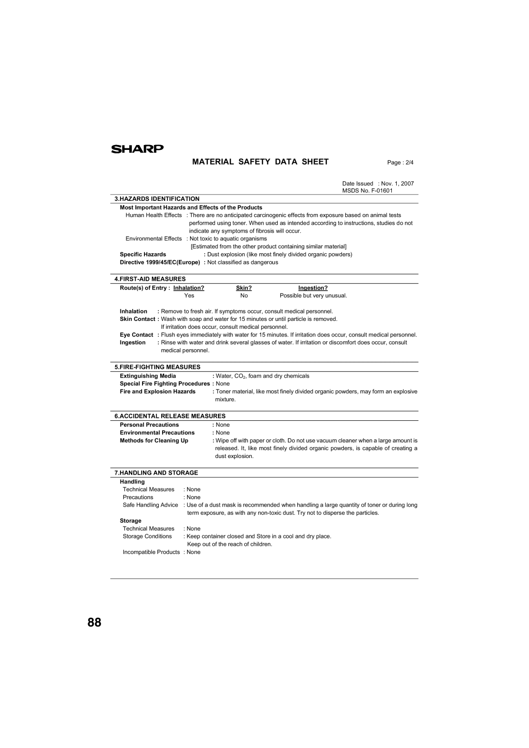 Sony AR-208S operation manual Hazards Identification 