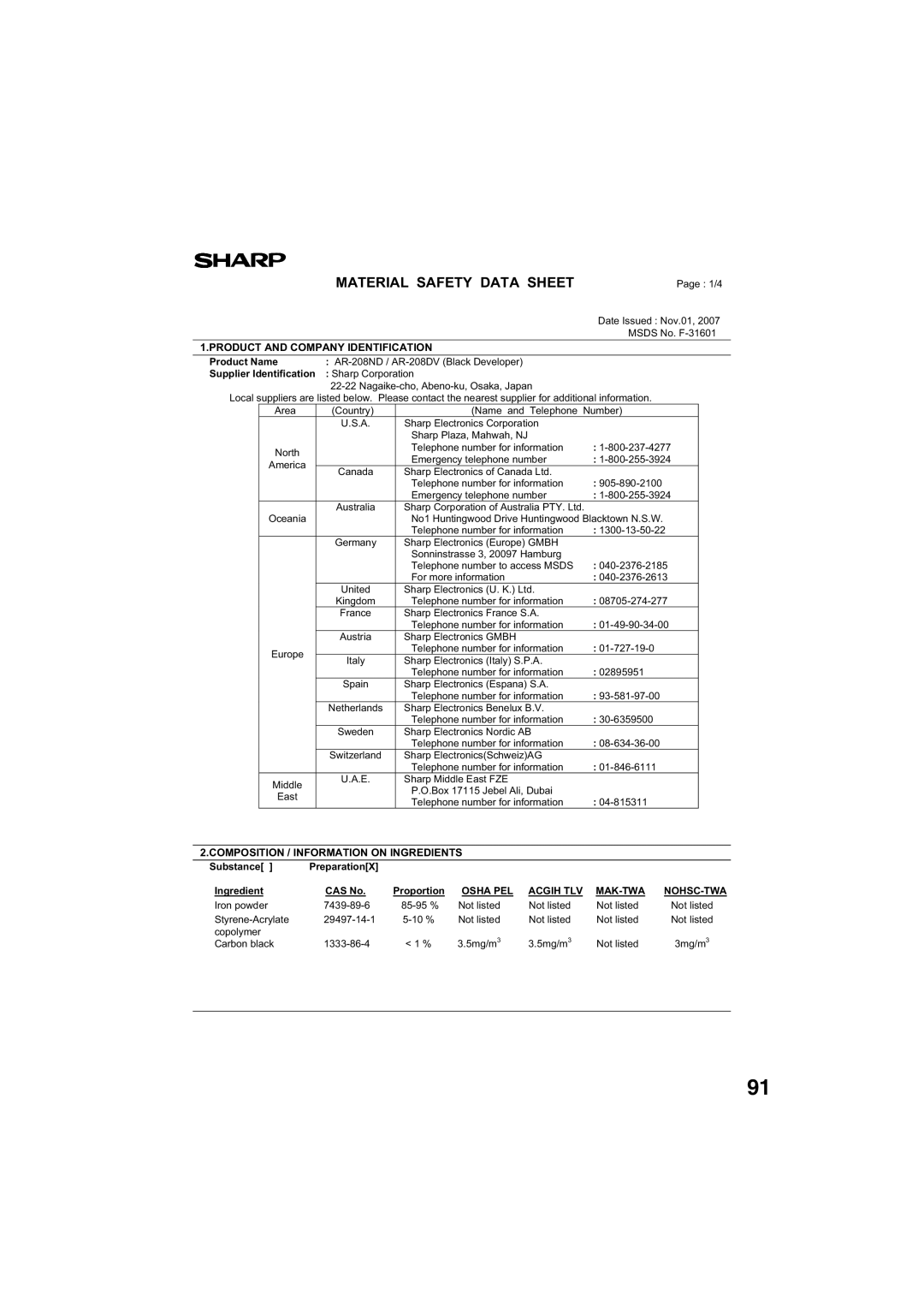 Sony AR-208S operation manual Msds No. F-31601 