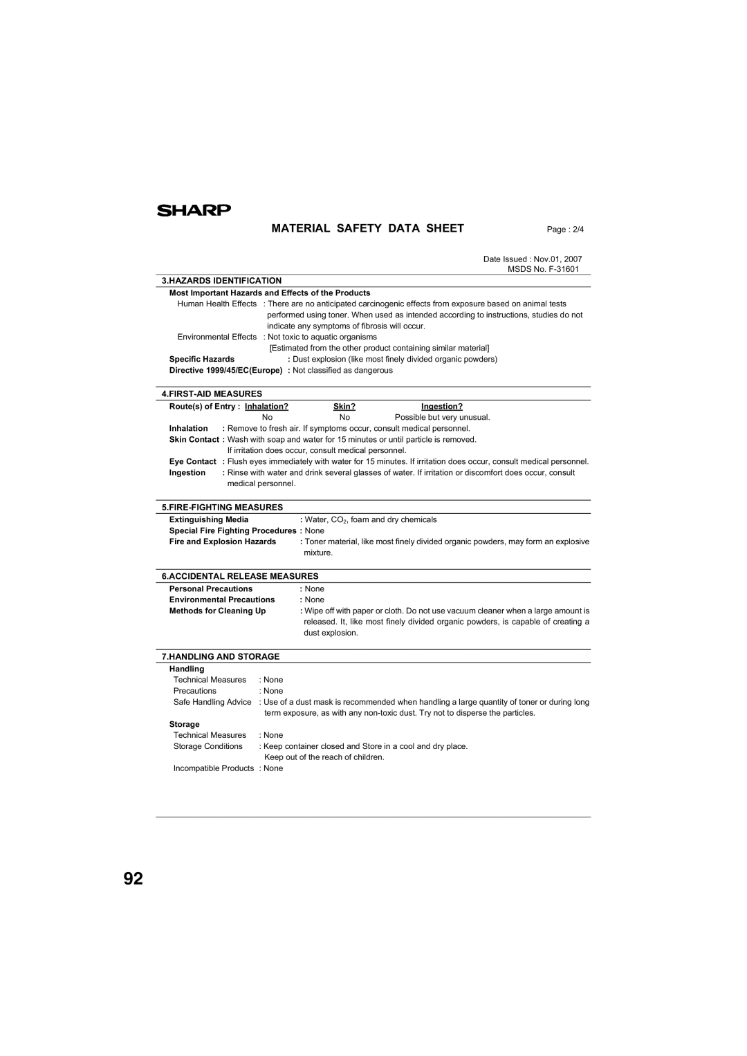 Sony AR-208S operation manual Not toxic to aquatic organisms 