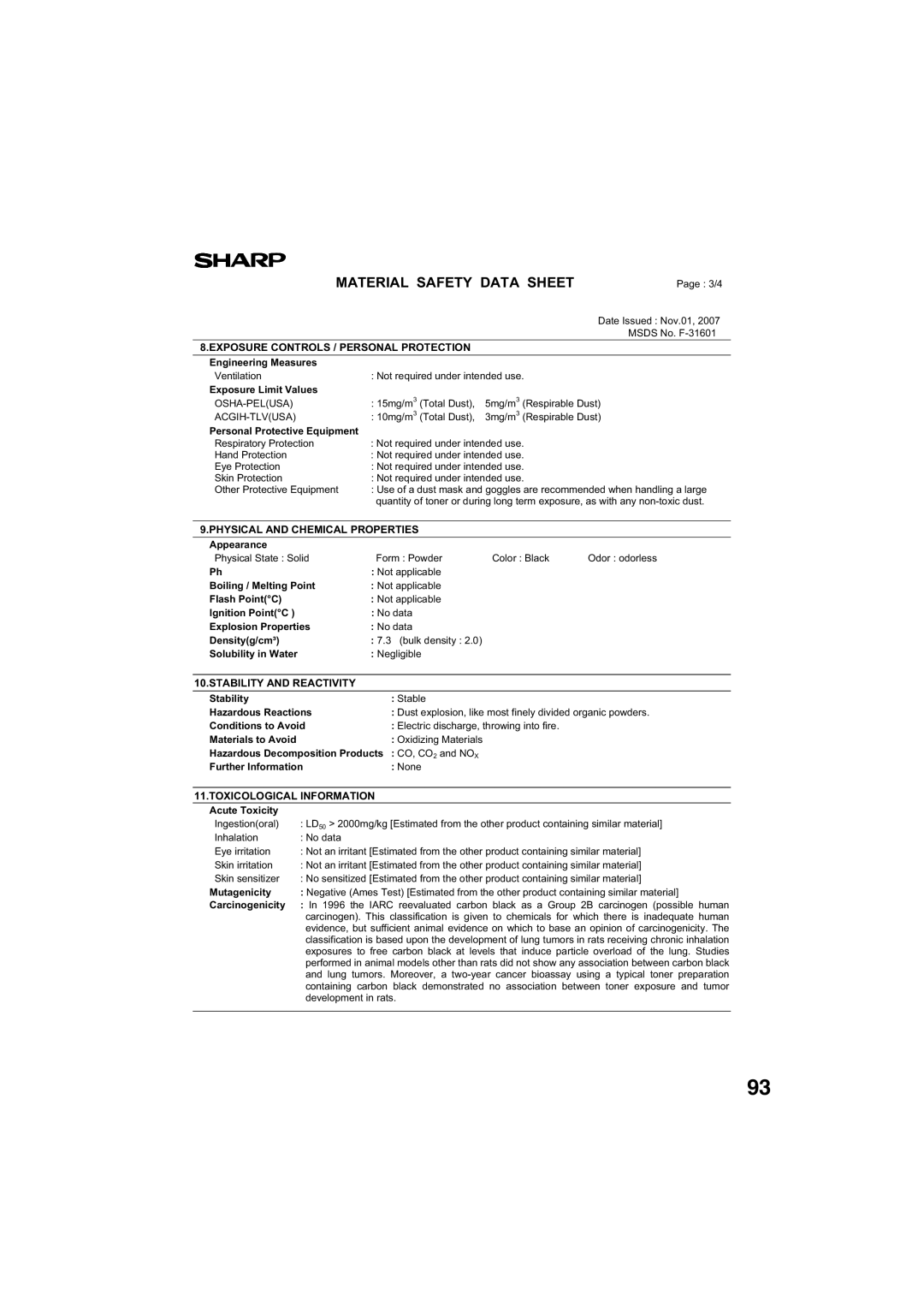 Sony AR-208S operation manual Dust explosion, like most finely divided organic powders 