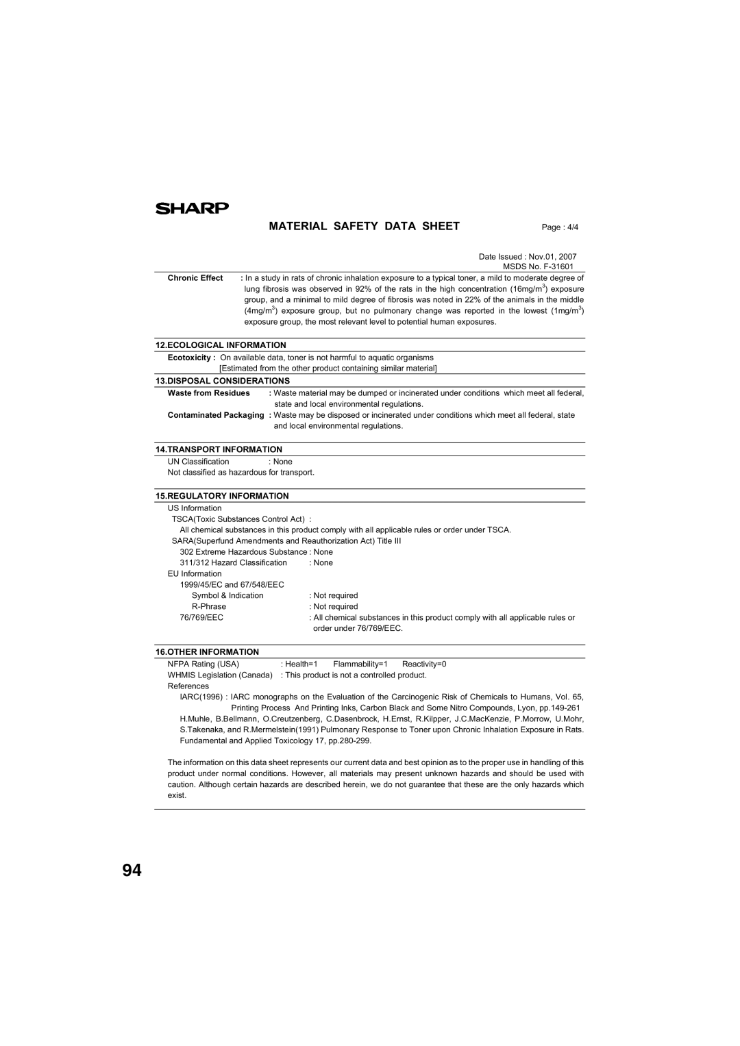 Sony AR-208S operation manual Date Issued Nov.01 Msds No. F-31601 