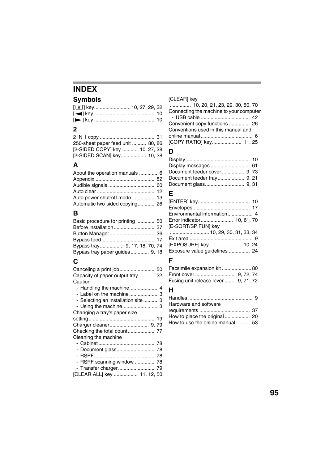 Sony AR-208S operation manual Index, Symbols 