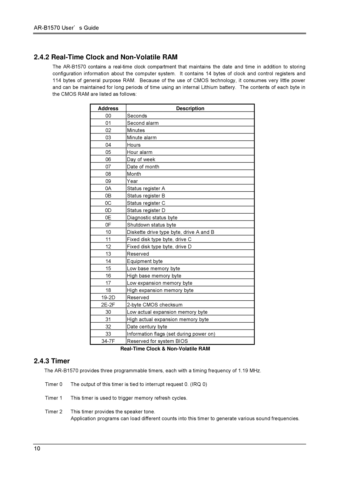 Sony AR-B1570 manual Real-Time Clock and Non-Volatile RAM, Timer, Address Description, Real-Time Clock & Non-Volatile RAM 