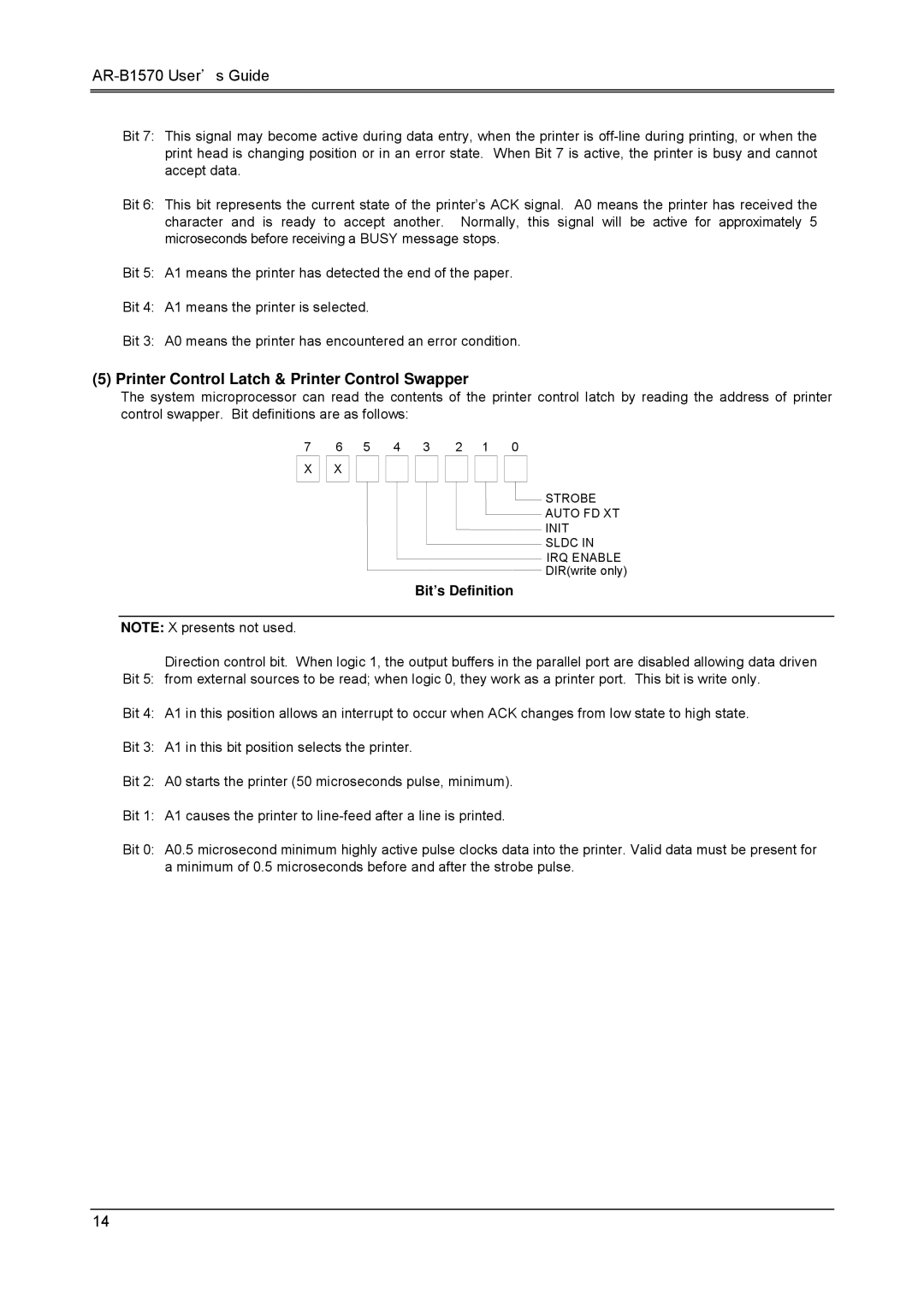 Sony AR-B1570 manual Printer Control Latch & Printer Control Swapper, Bit’s Definition 