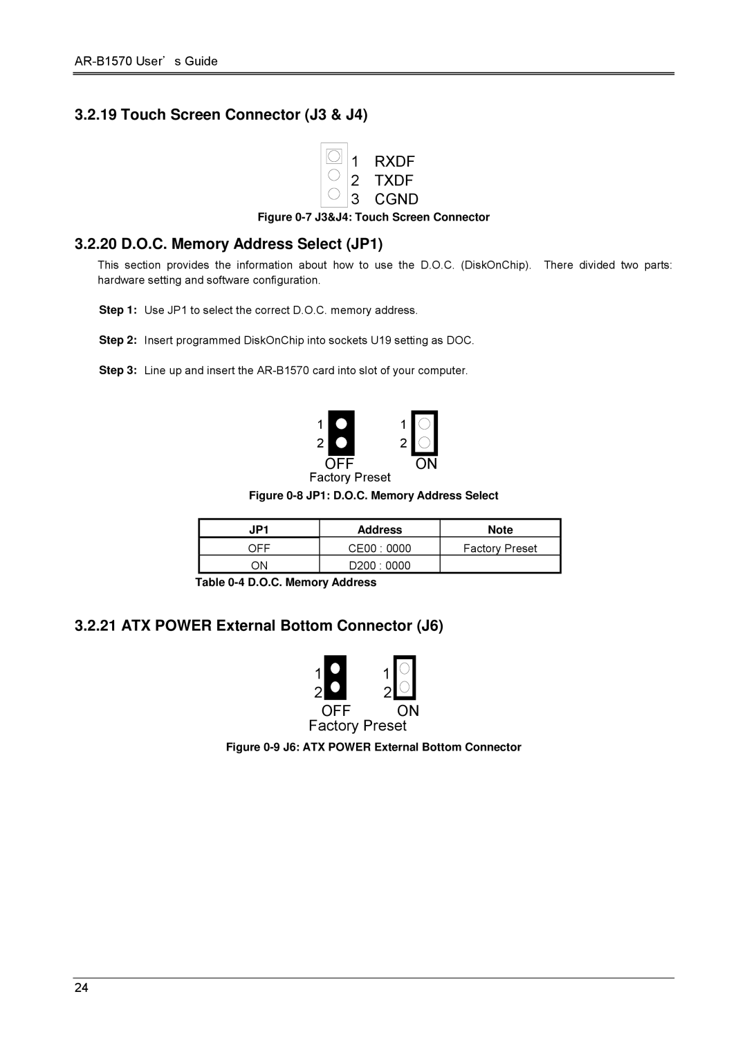 Sony AR-B1570 Touch Screen Connector J3 & J4, 20 D.O.C. Memory Address Select JP1, ATX Power External Bottom Connector J6 