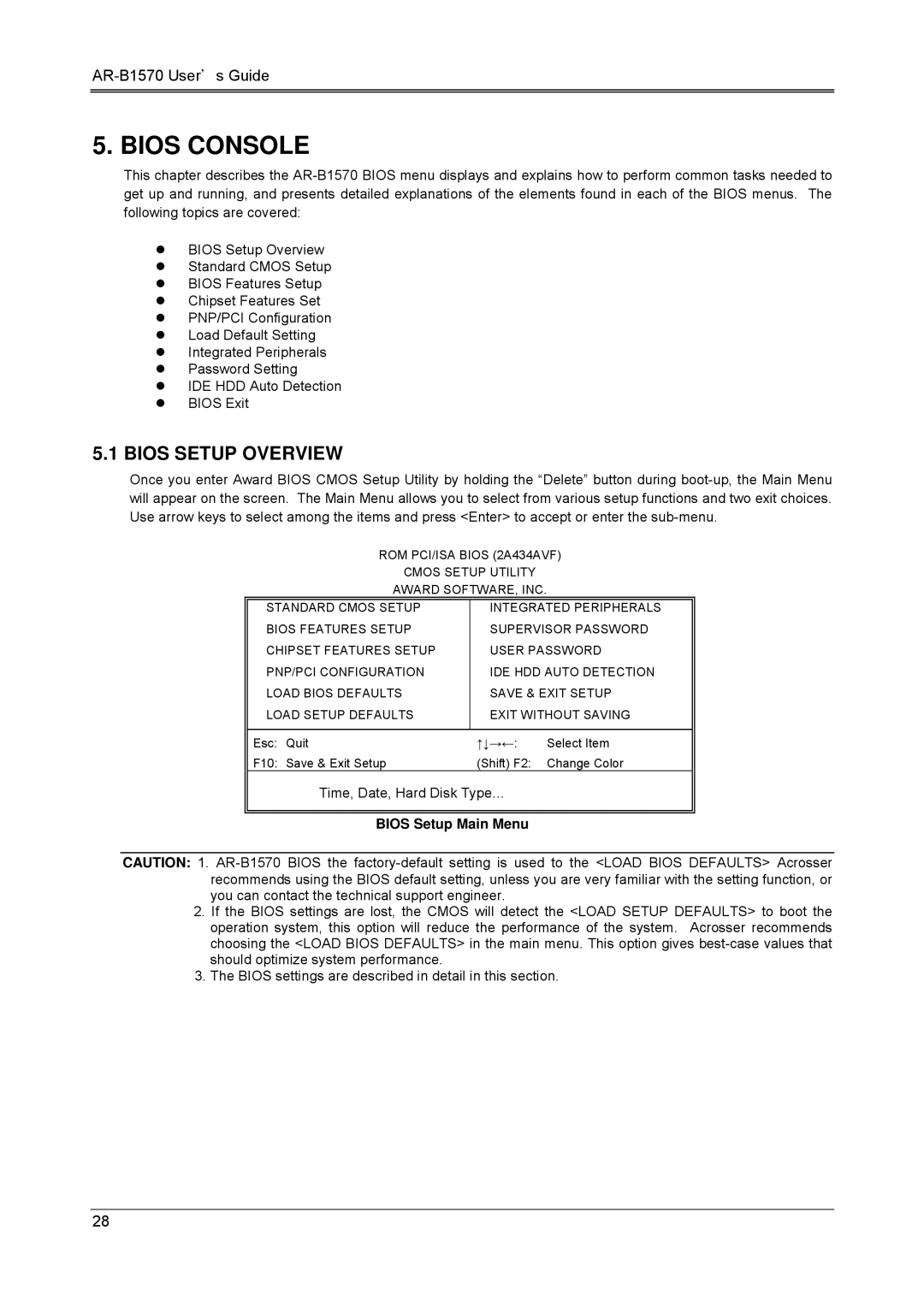 Sony AR-B1570 manual Bios Console, Bios Setup Overview, Bios Setup Main Menu 