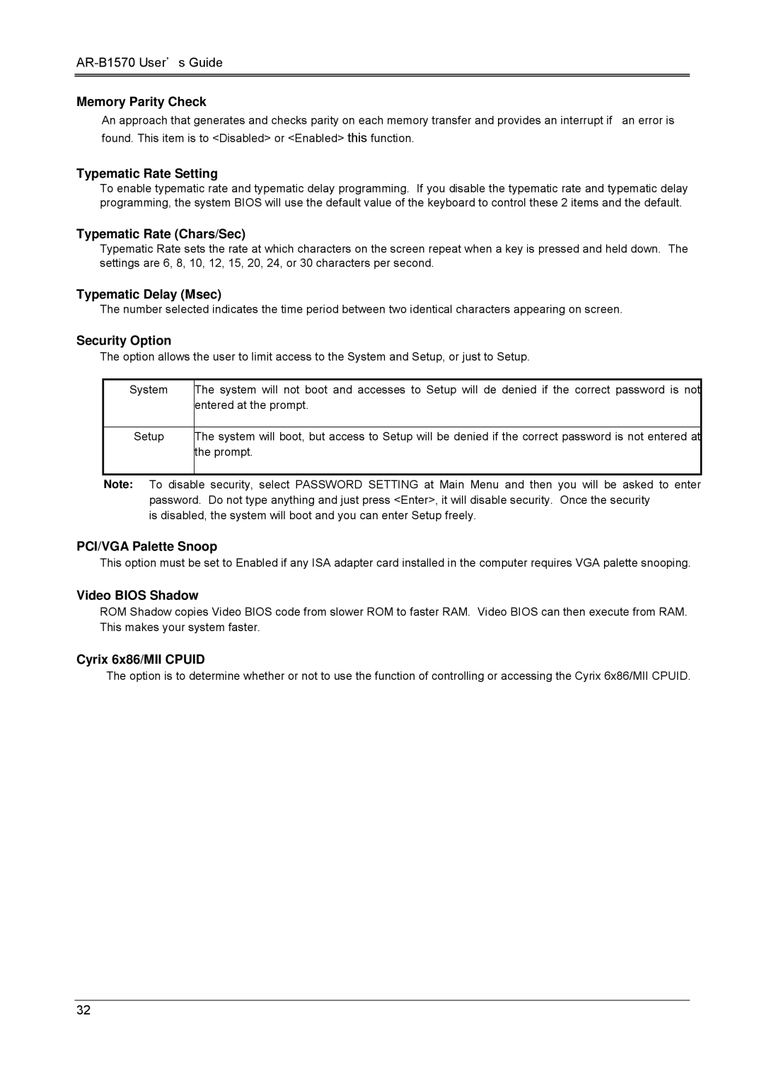 Sony AR-B1570 Memory Parity Check, Typematic Rate Setting, Typematic Rate Chars/Sec, Typematic Delay Msec, Security Option 