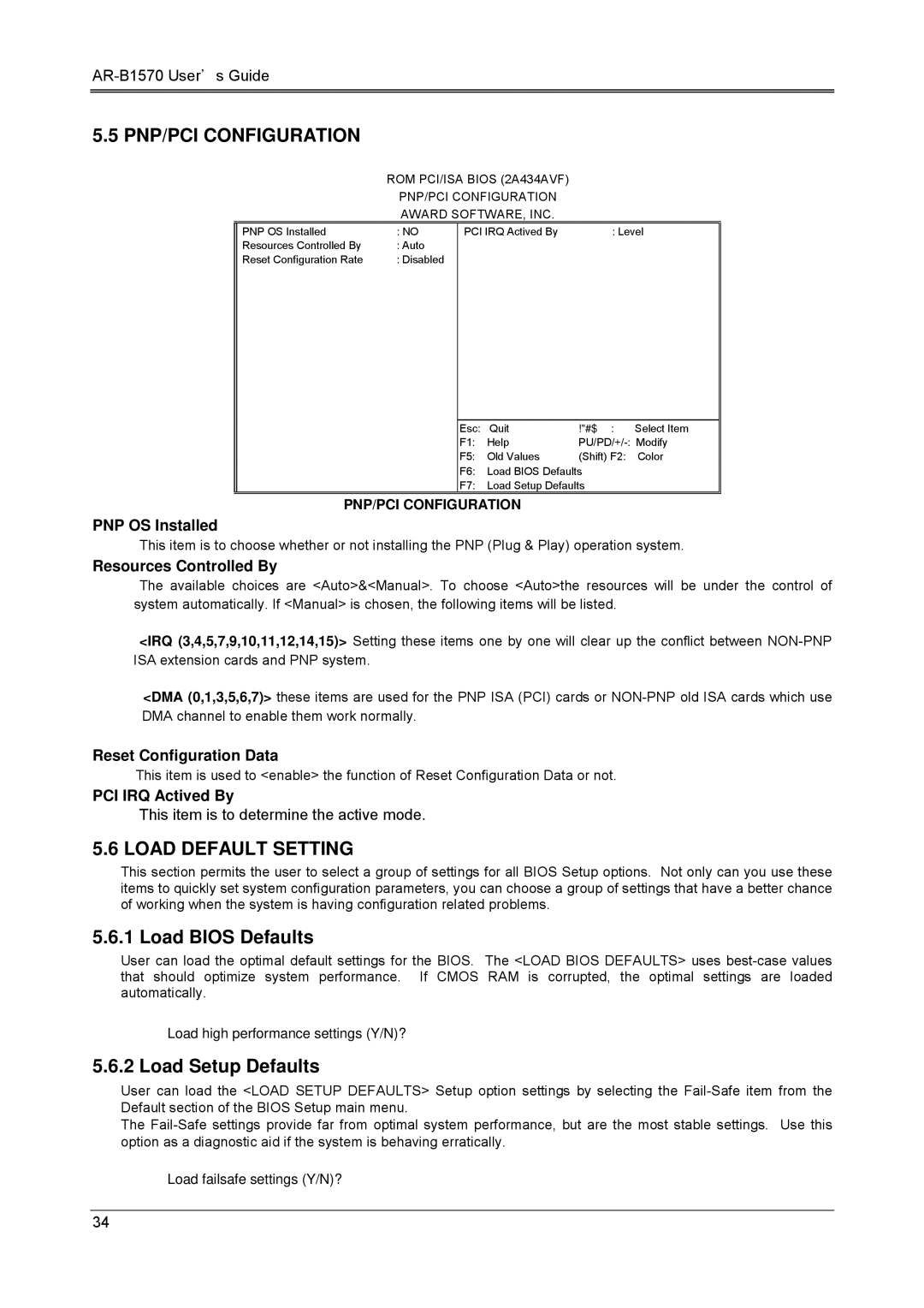 Sony AR-B1570 manual PNP/PCI Configuration, Load Default Setting, Load Bios Defaults, Load Setup Defaults 