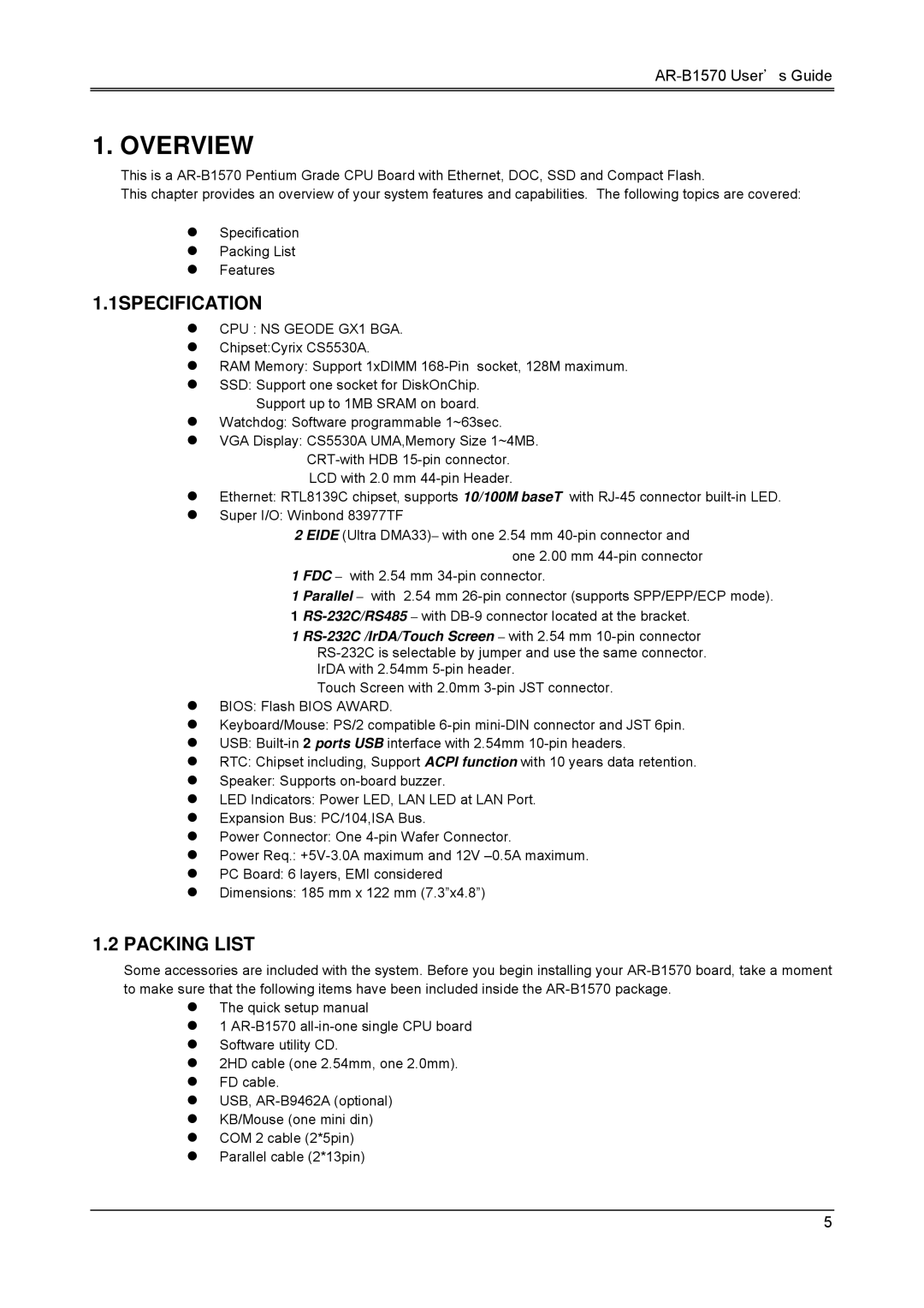 Sony AR-B1570 manual Overview, 1SPECIFICATION, Packing List, CPU NS Geode GX1 BGA 