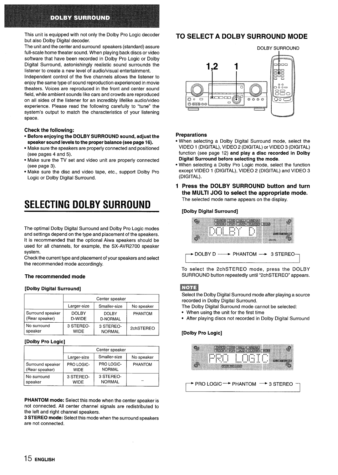 Sony AV-DV75 Selecting Dolby Surround, To Select A Dolby Surround Mode, Check the following, Dolby Pro Logic, Preparations 