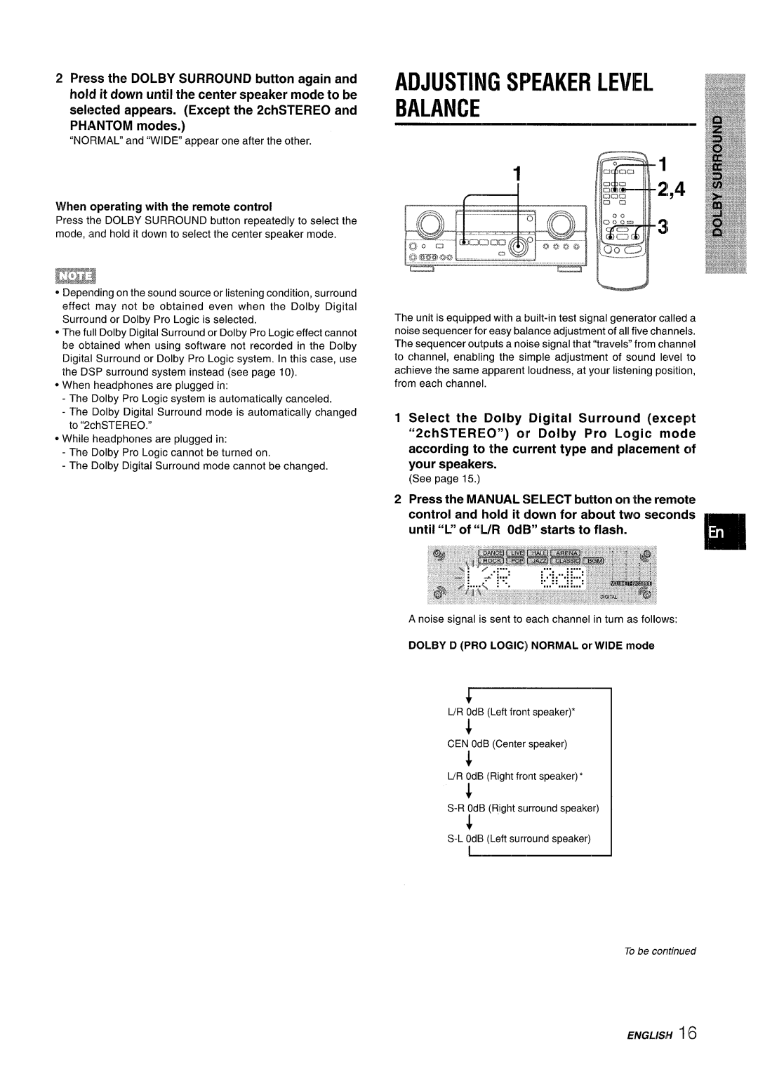 Sony AV-DV75 manual Adjusting Speaker Leviel Balance, r---l2!,4, Select the Dolby Digital Surround exceplt, Ee”A 