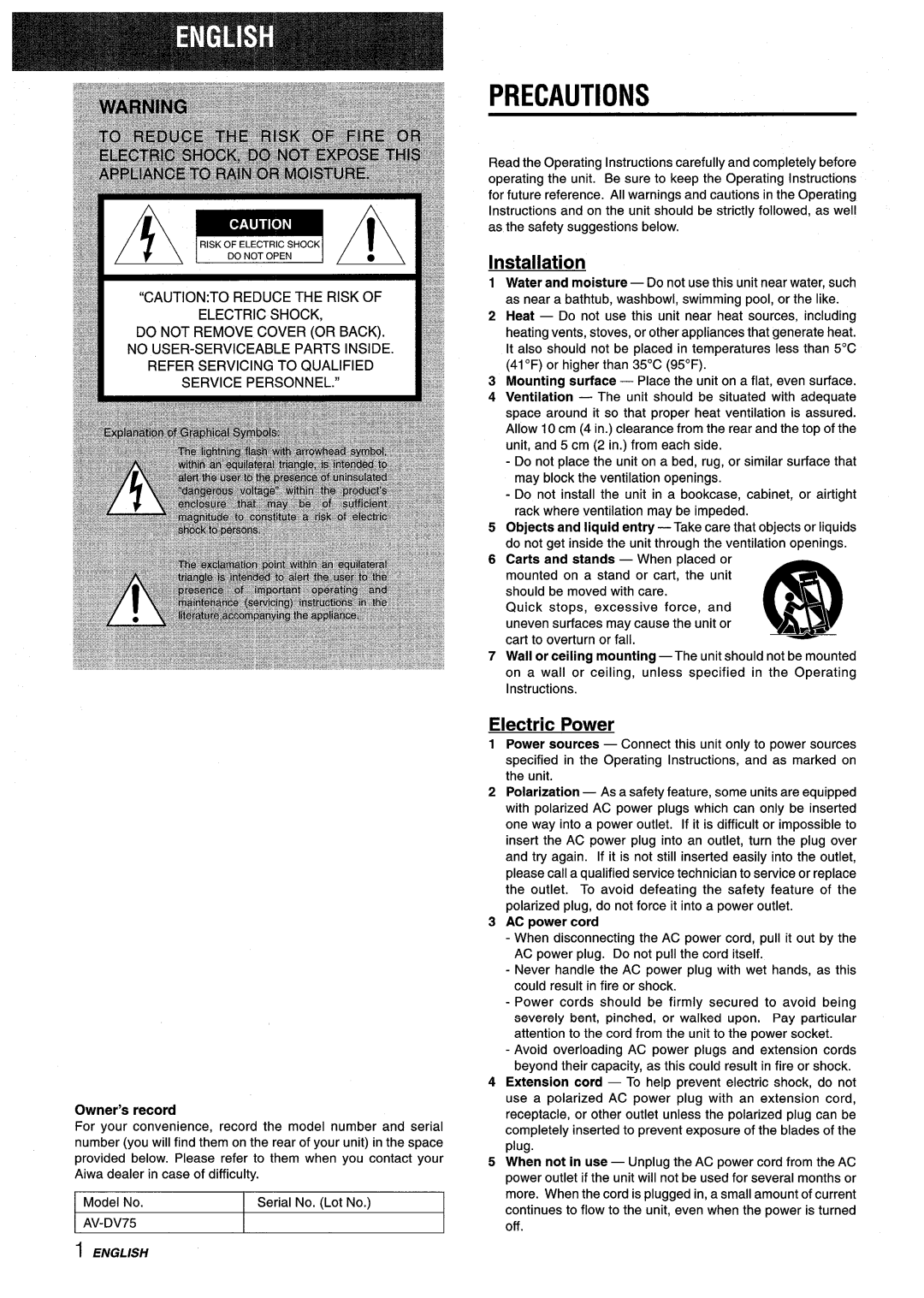 Sony AV-DV75 manual Installation, Electric Power, “Cautionto Reduce The Risk Of Electric Shock, English, Ia=Ai 