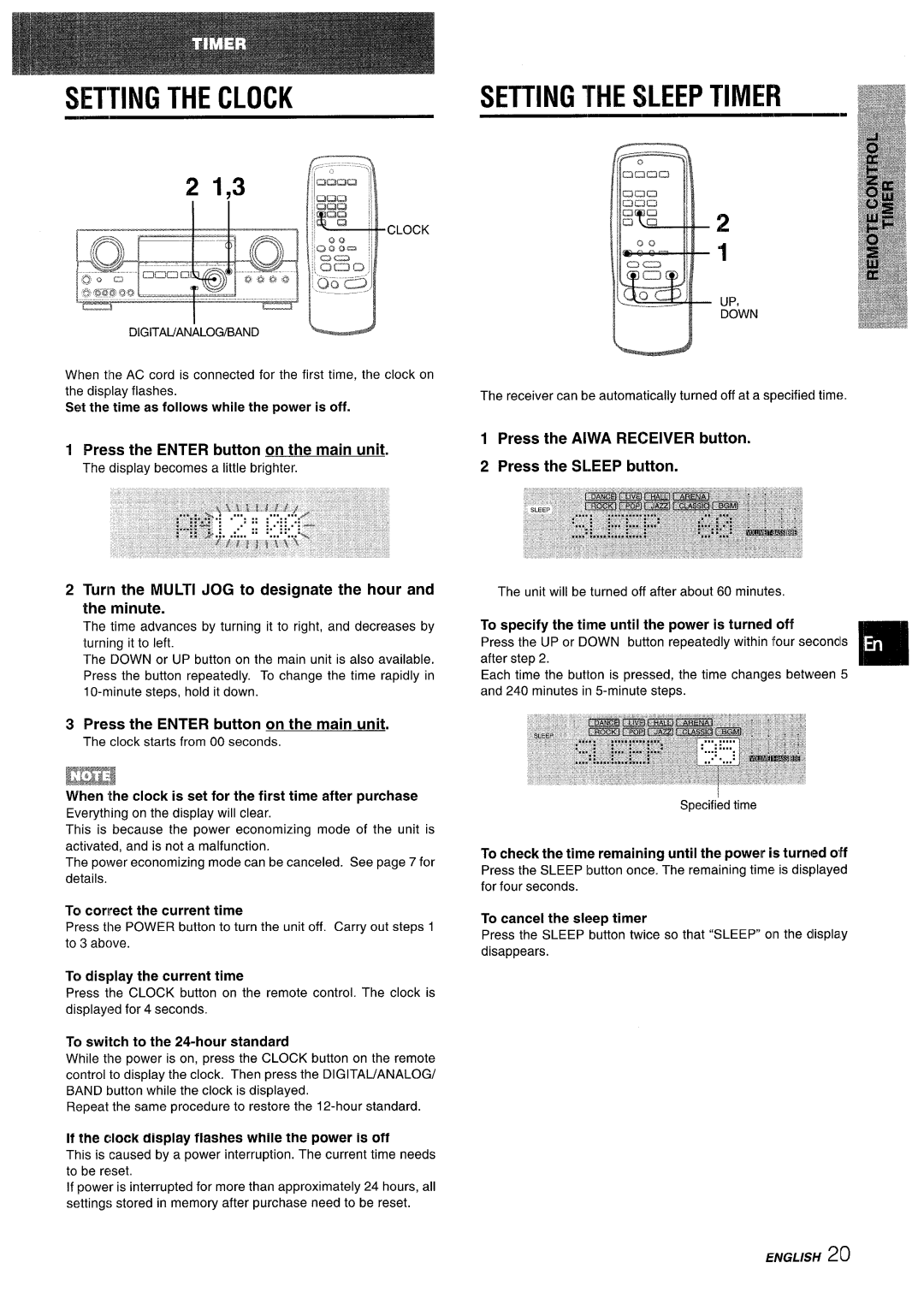 Sony AV-DV75 manual Setting The Clock, Setting The Sleep Timer, 2 1,3, ENGLISH20, Press the ENTER button on the main unit 