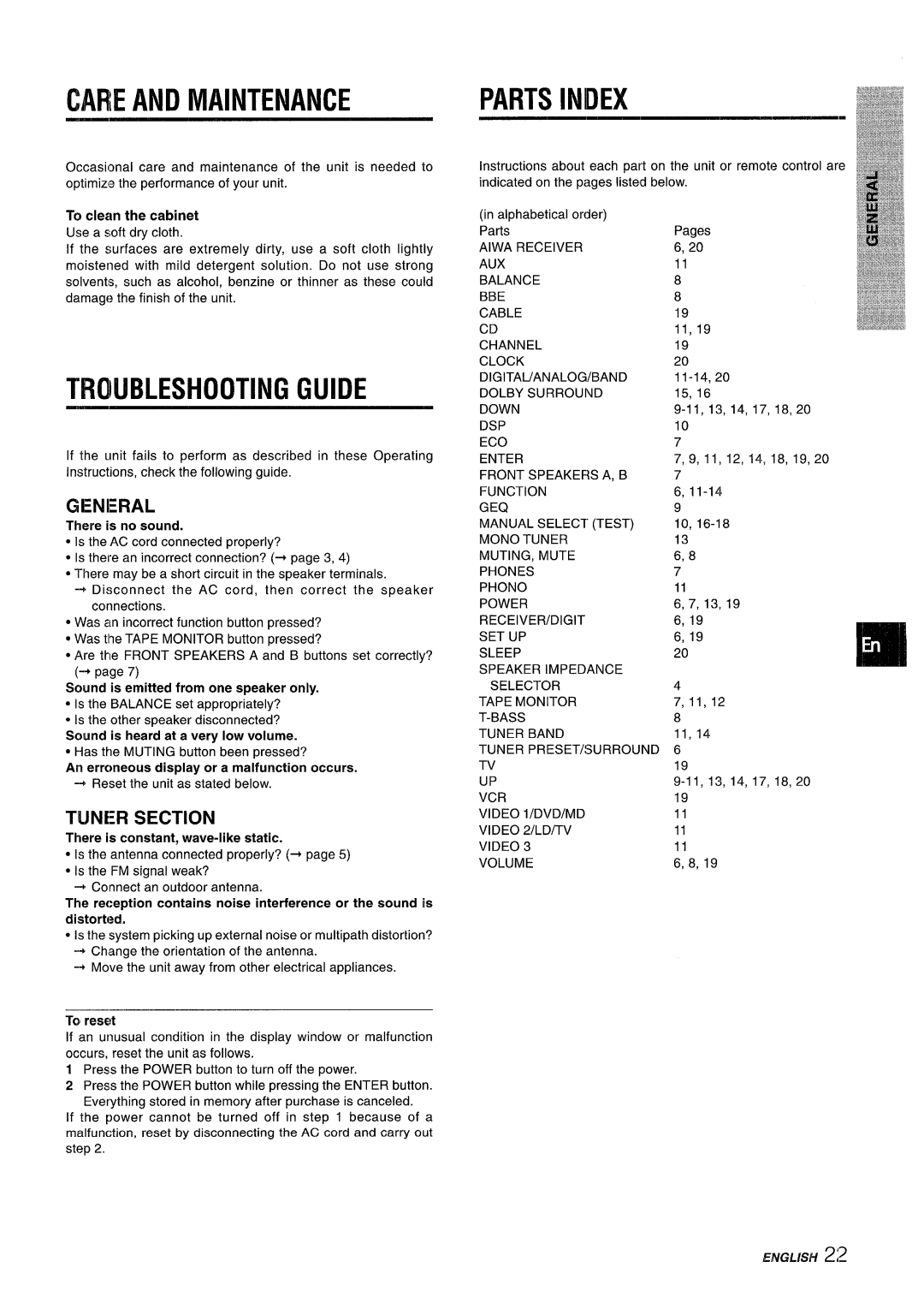 Sony AV-DV75 manual Troubleshooting Guide, Care And Maintenance, Parts Index, HWLSH22, General, Tuner Section 