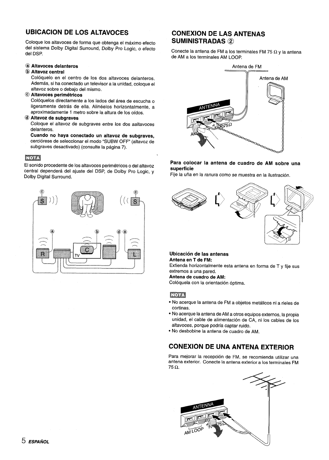 Sony AV-DV75 manual Ubicacion De Los Altavoces, Conexion De Las Antenas Suministradas @, Conexion De Una Antena Exterior 