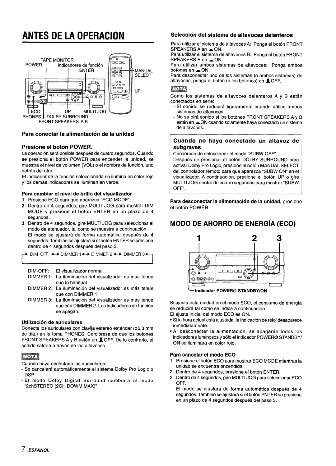 Sony AV-DV75 manual Antes De La Operacion, Modo De Ahorro De Energ~A Eco, Para cambiar el nivel de brillo del visualizador 