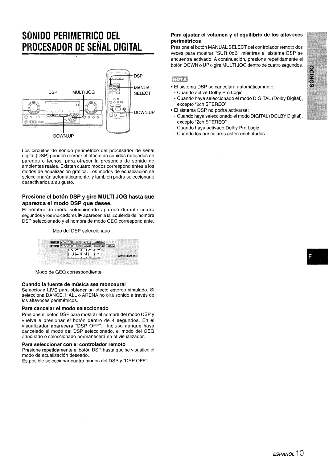 Sony AV-DV75 manual PROCESADOR DESEiiALDIGITAL, Sonido Perimetrico Del, Parm seleccionar con el controlador remoto 