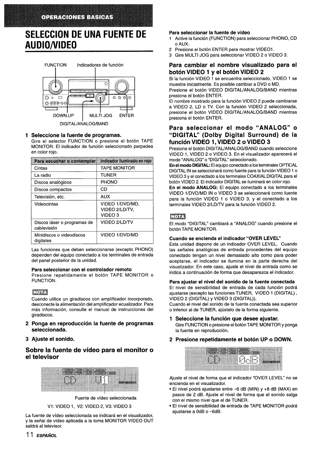 Sony AV-DV75 manual Audio/Video, Sobre la fuente de video para el monitor o el televisor, Seleccion De Una Fuente De 