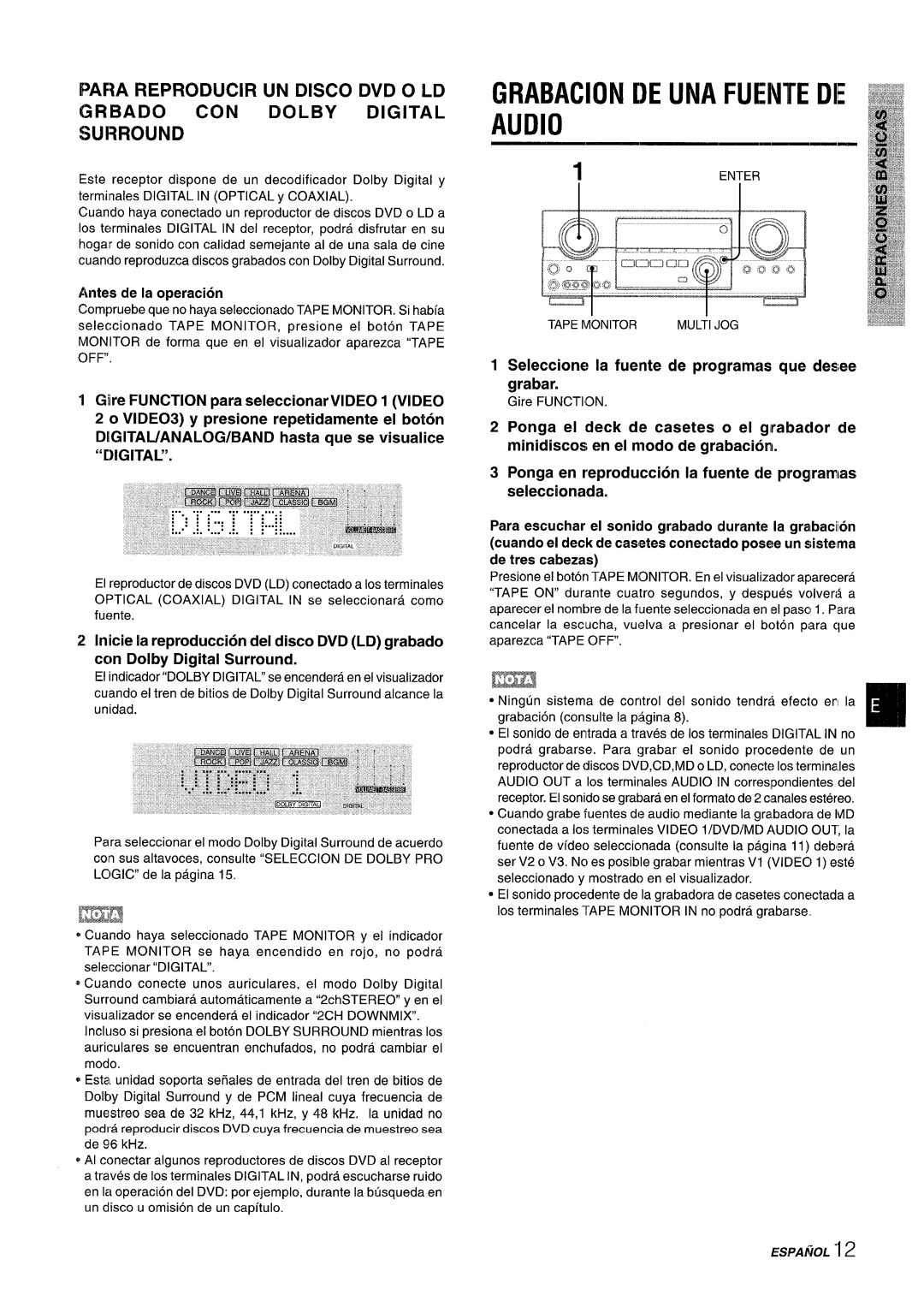Sony AV-DV75 manual 1”EN” ER, Audio, Grabackin De Una Fuente De, DIGITAL/ANALOG/BAND hasta que se visualice “IGITAL” 