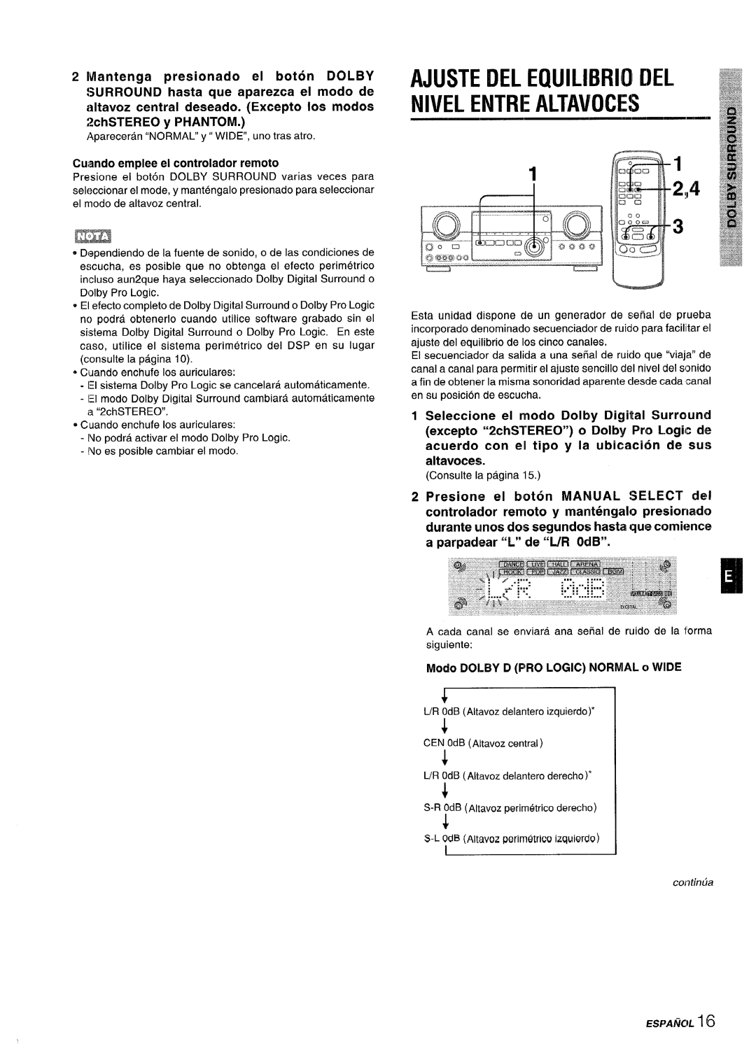 Sony AV-DV75 manual Ajuste Del Equilibrioi Del, Nivel Entre Altavoces, Cuiando emplee el controlador remoto, ESF~A$iCU16 