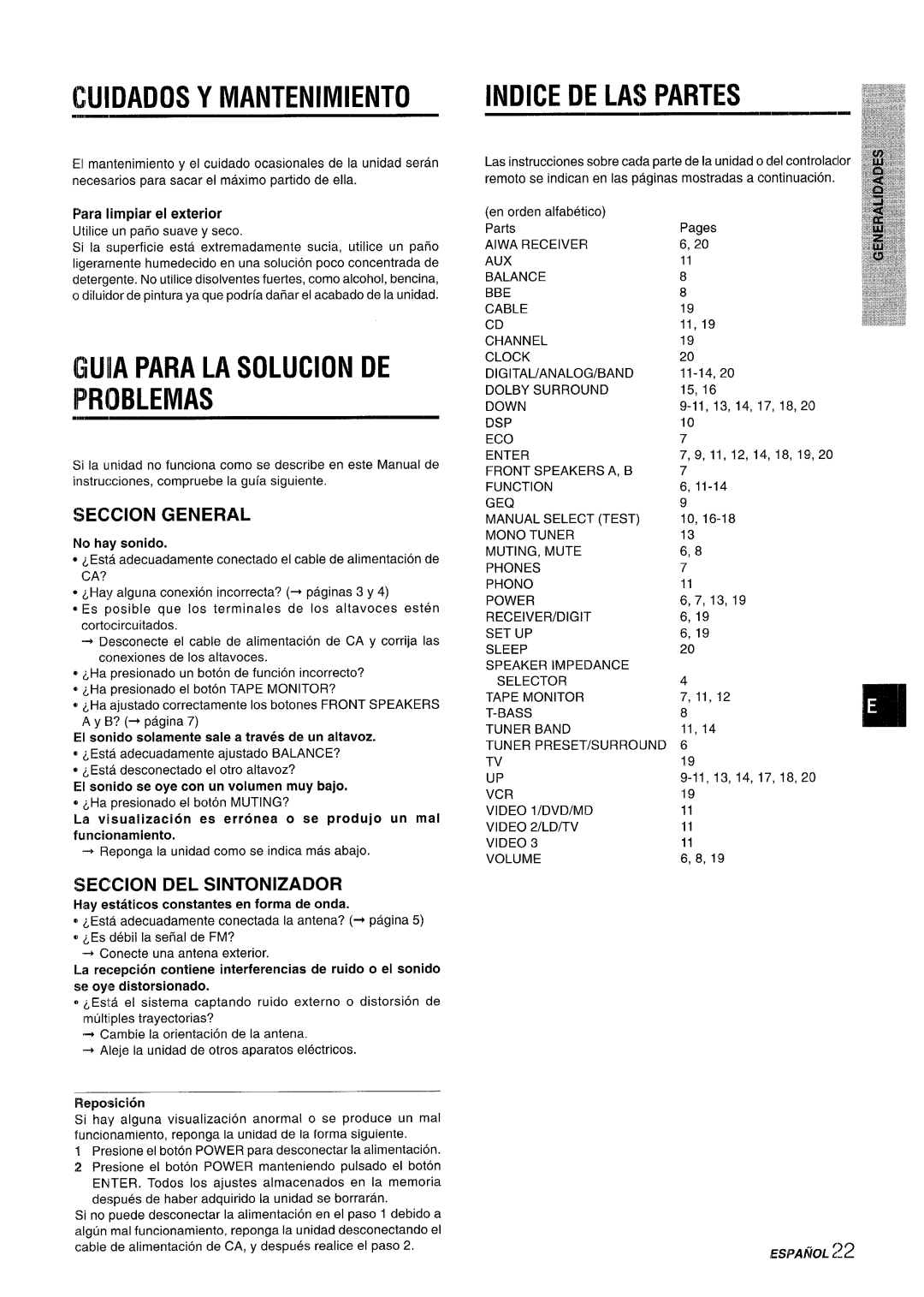 Sony AV-DV75 manual Cuidados Y Mantenimiento, Guiia Para La Solucion De Problemas, Indice De Las Partes, Seccion General 