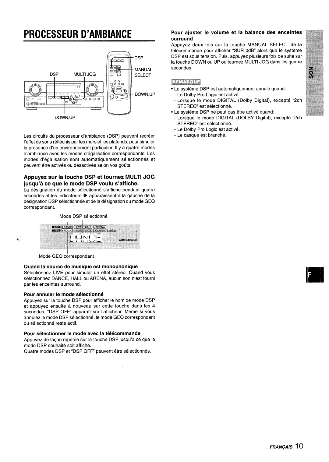 Sony AV-DV75 manual Pircicesseur D’Ambiance, Pour ajuster Ie volume! et la balance des enceintes surround 