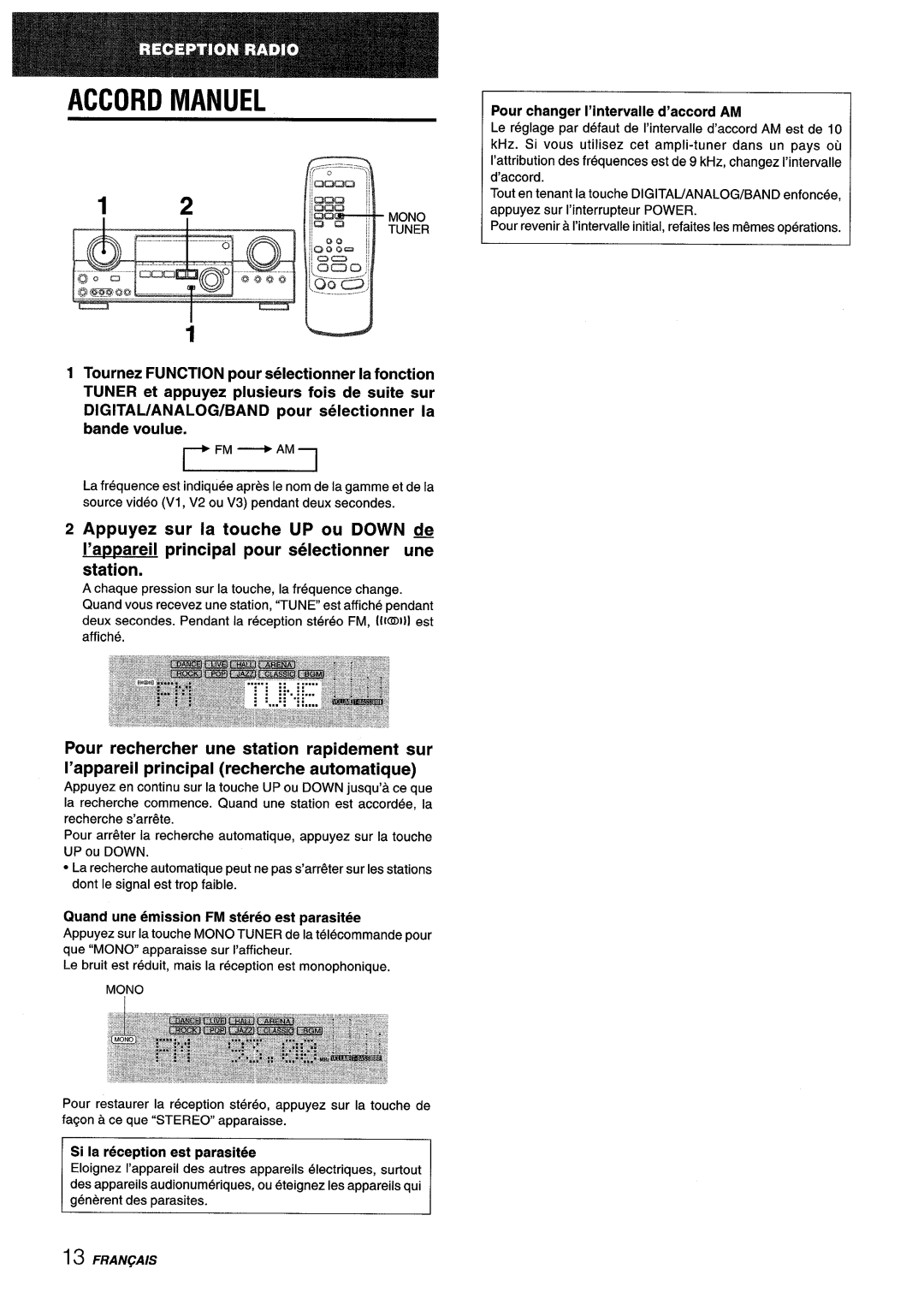 Sony AV-DV75 manual Accord Manuel, I’appareil principal pour selectionner une station, Appuyez sur la touche UP ou DOWN fk 