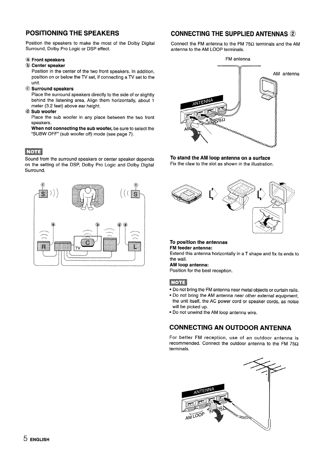 Sony AV-DV75 manual ‘-’d, ‘-’%, Positioning The Speakers, Connecting The Supplied Antennas @, Connecting An Outdoor Antenna 