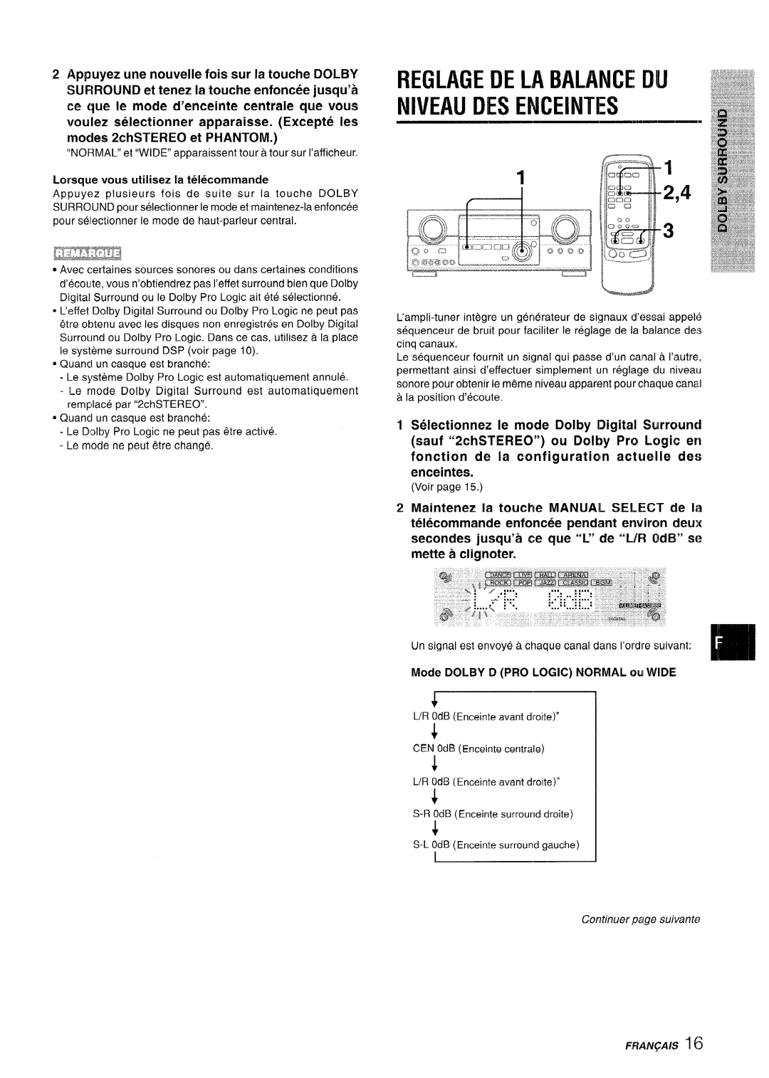 Sony AV-DV75 manual Reglage De La Balance Nj Niveau Des Enceintes, ee que Ie mode d’enceinte centrale que vous 