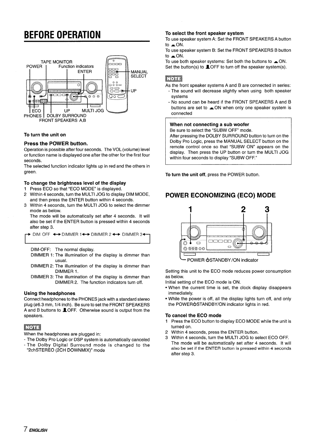 Sony AV-DV75 manual Before Operation, Power Economizing Eco Mode, Press the POWER button, Using the headphones 