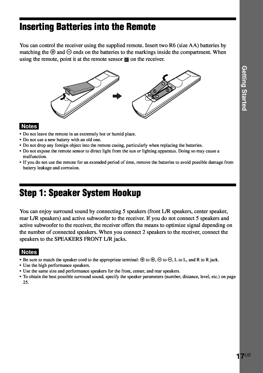 Sony AVD-S50ES operating instructions Inserting Batteries into the Remote, Speaker System Hookup, 17US, Getting Started 